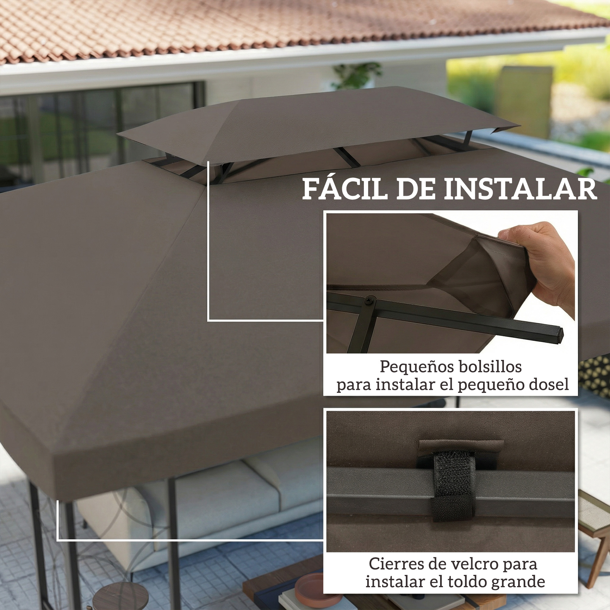 Un dosel marrón para cenador con detalles de instalación. Fácil de instalar.