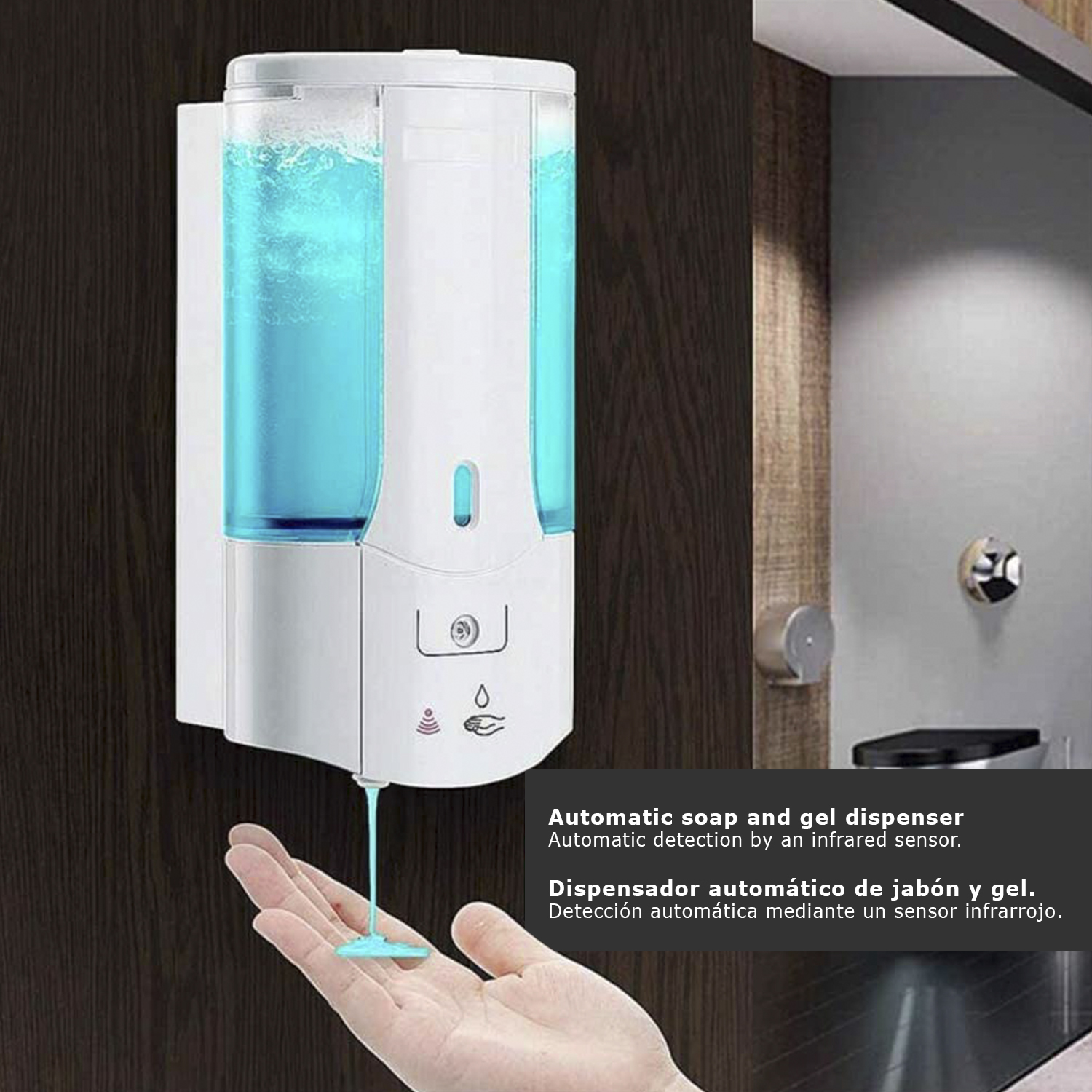 Dispensador automático de jabón y gel con líquido azul sobre una mano.