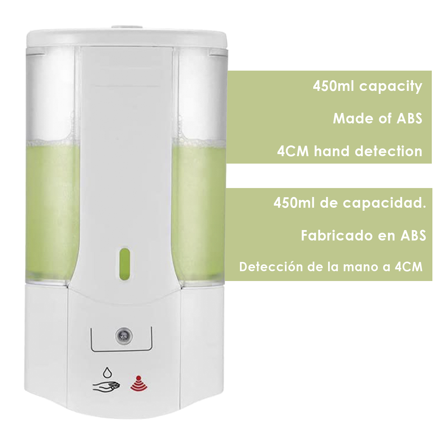 Dispensador de jabón blanco automático, 450ml, material ABS, detección 4cm.