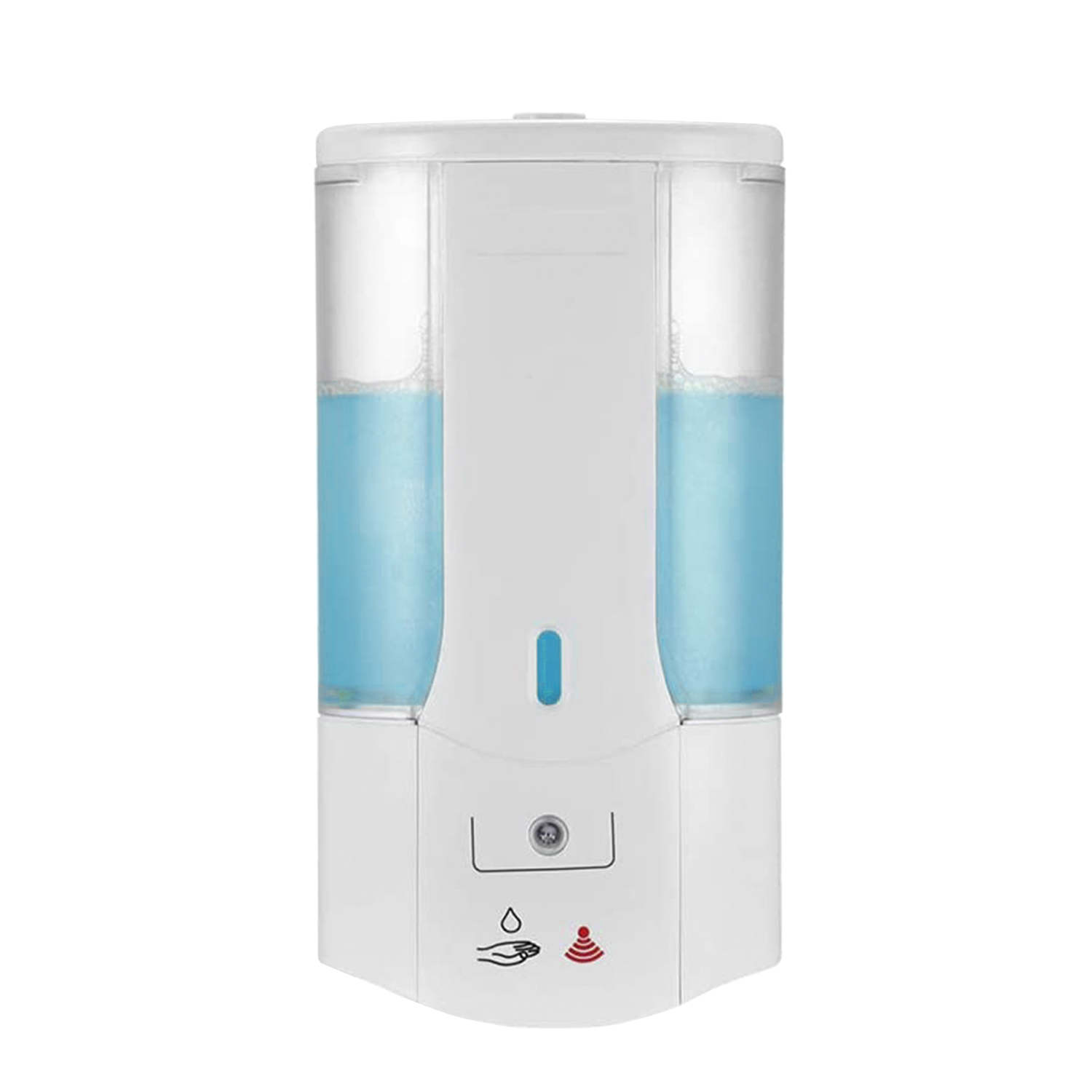 Un dispensador automático de jabón blanco con líquido azul.
