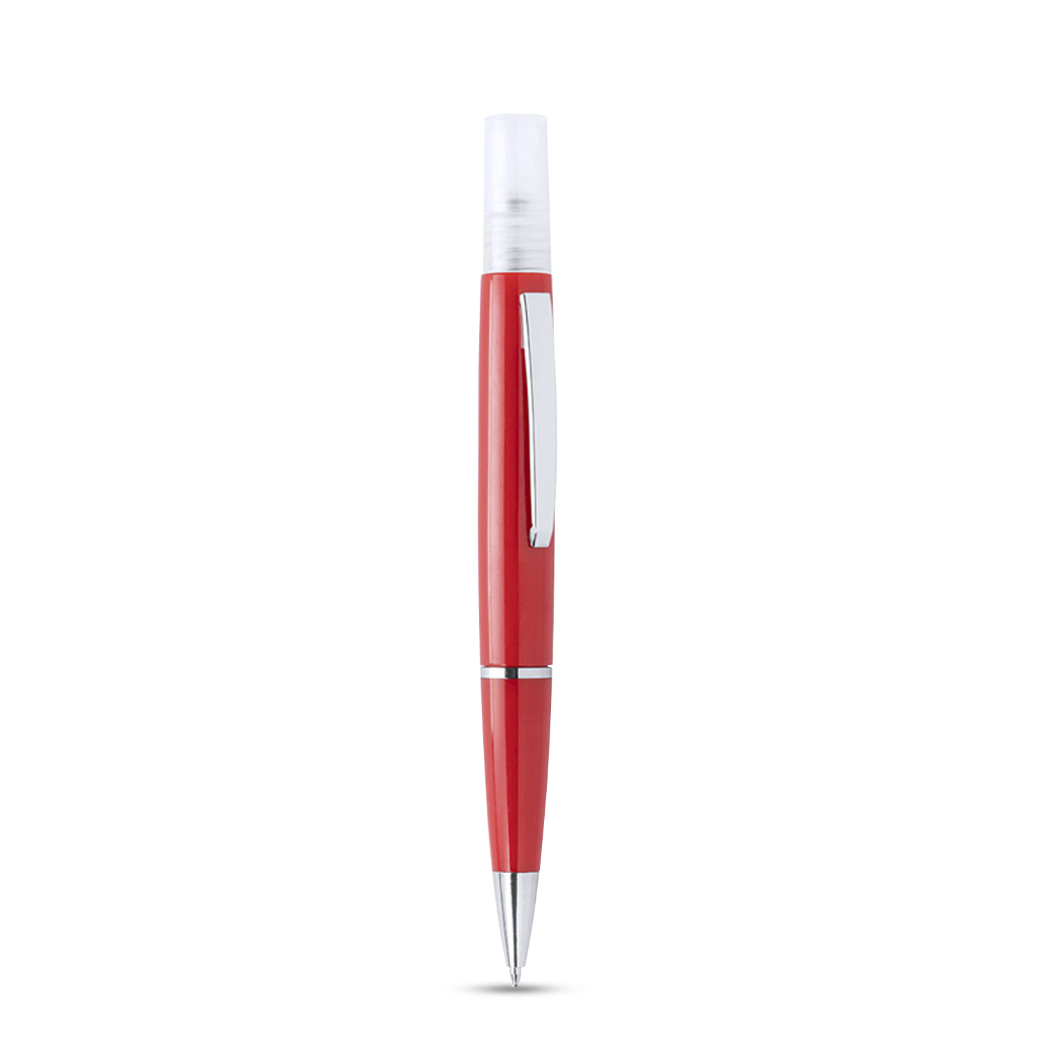 Un bolígrafo rojo con clip plateado y parte superior transparente.