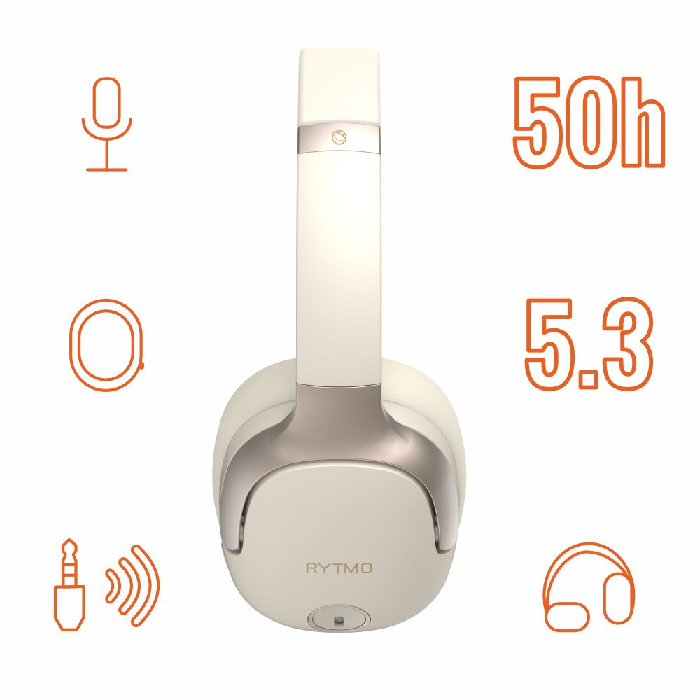 Białe słuchawki z ikonami mikrofonu, pierścienia, jack i słuchawek. 50h, 5.3