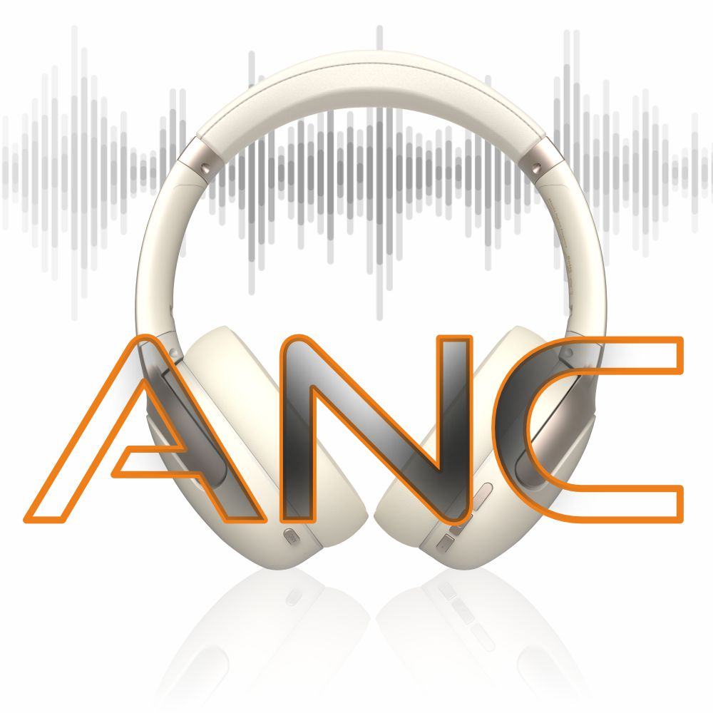 Beżowe słuchawki z napisem ANC i falami dźwiękowymi na białym tle.