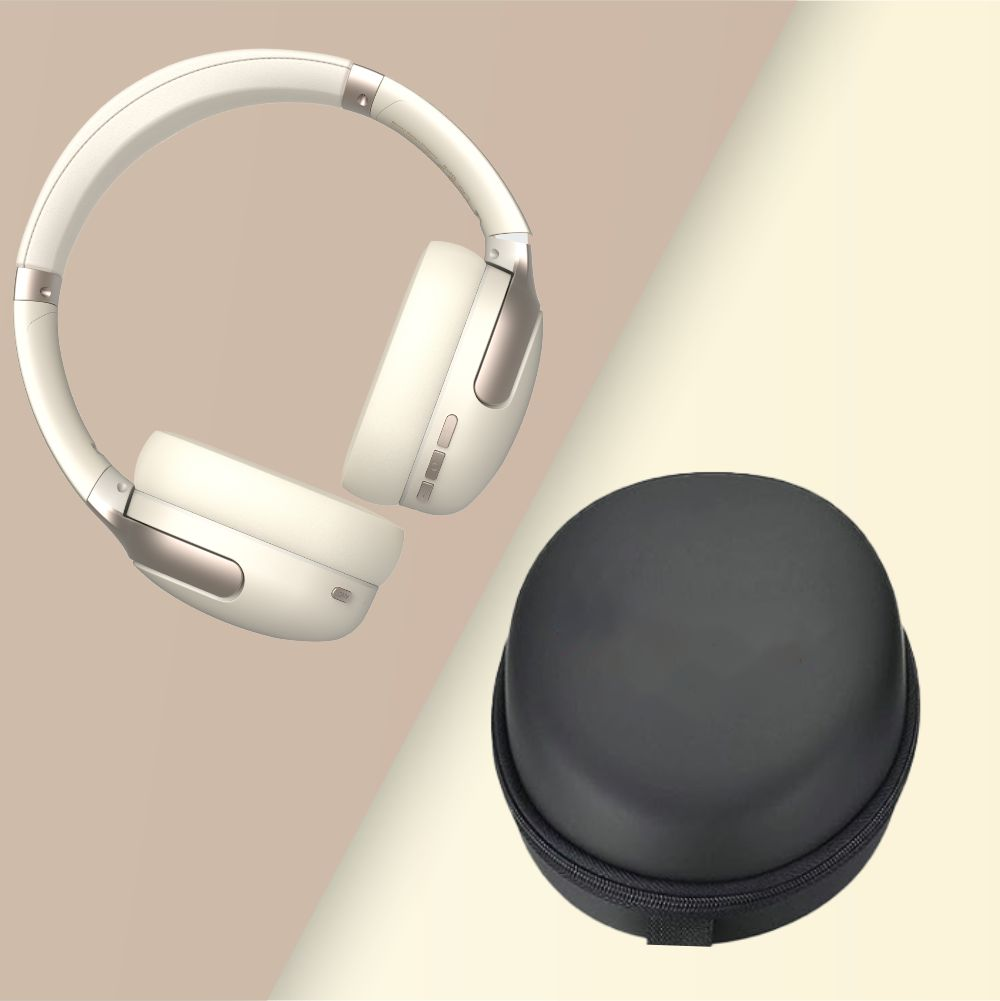 Białe słuchawki nauszne obok czarnego etui na zamek na podzielonym tle.