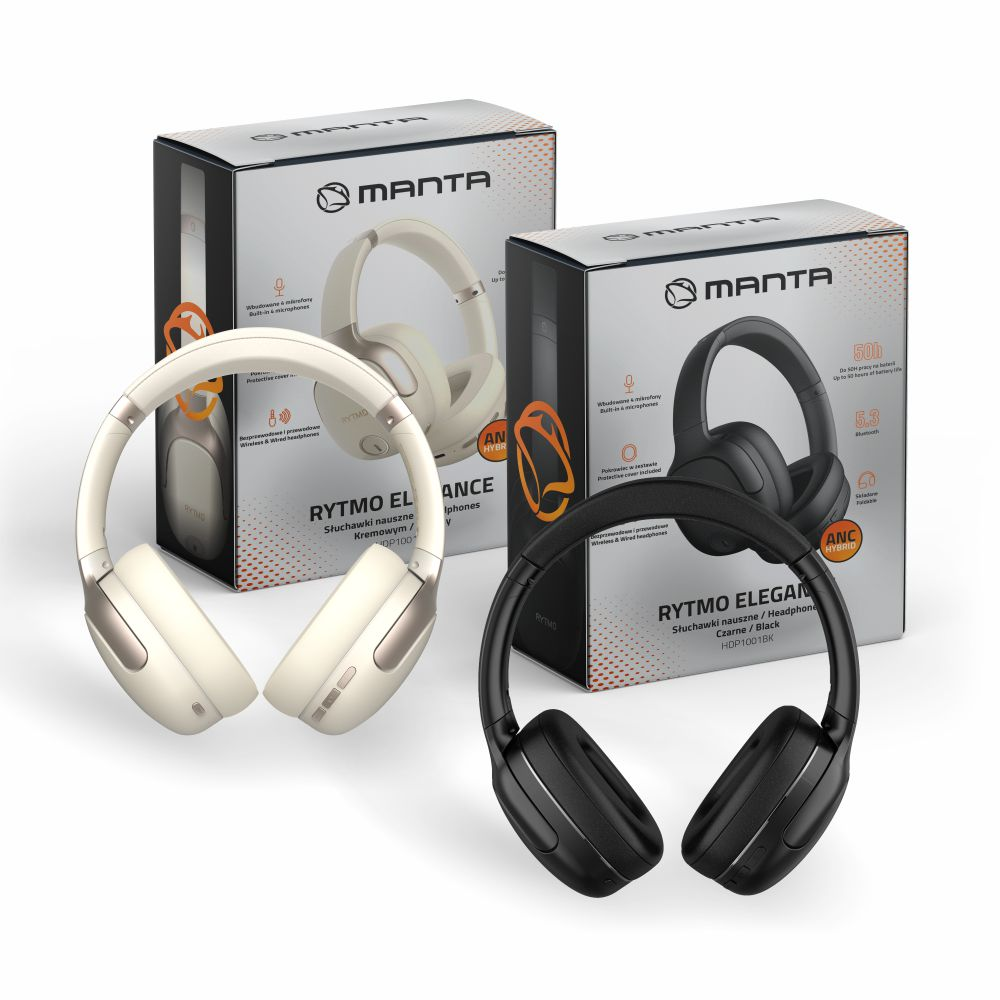 Dwa słuchawki Manta, jeden kremowy i jeden czarny, z pudełkami.