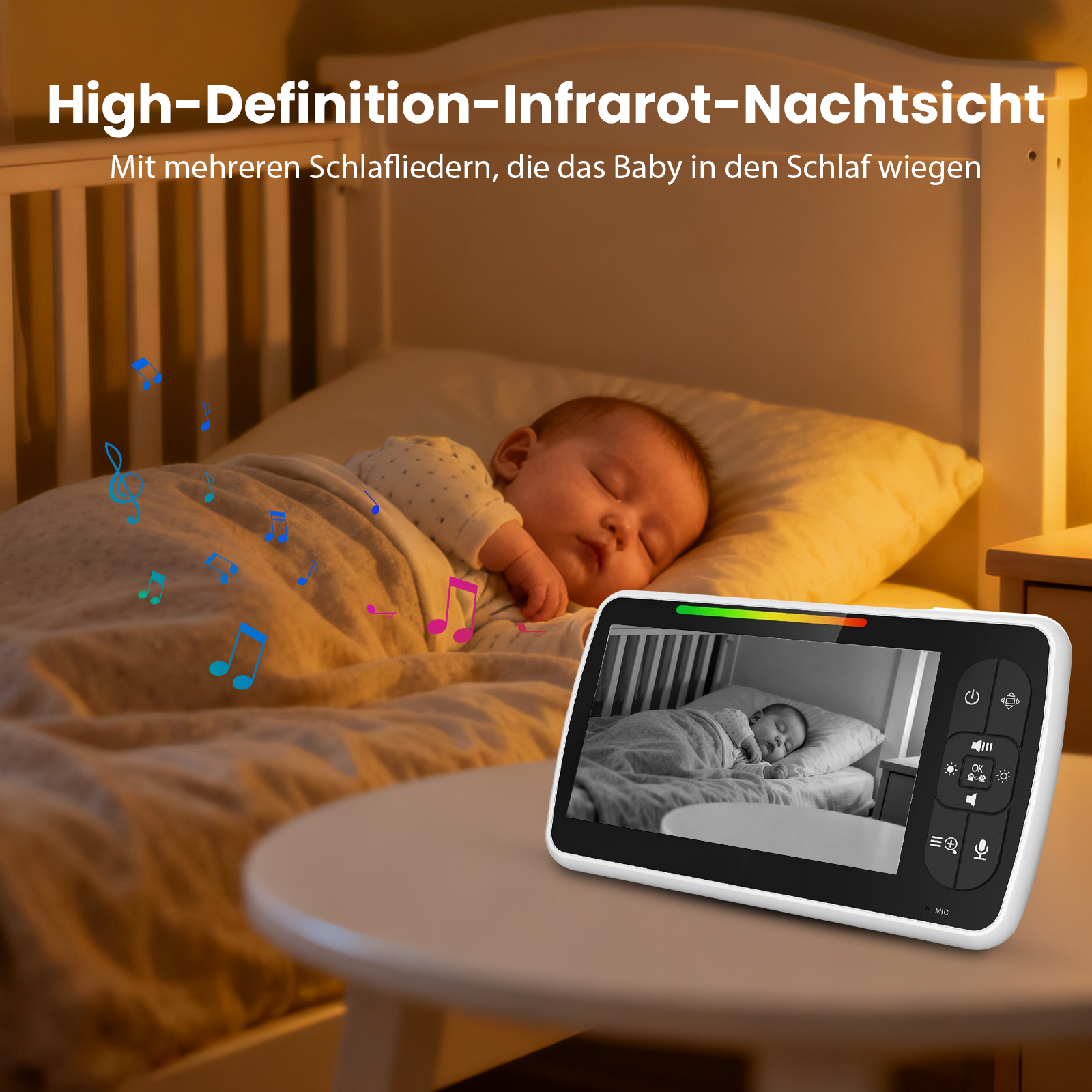 Ein Baby schläft in einem Kinderbett, eine Babyphone-Anzeige zeigt die Szene.