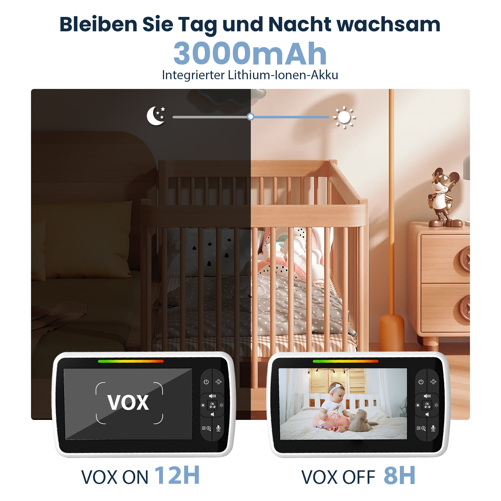 Babyphone mit Tag/Nacht-Ansicht, VOX AN 12h, VOX AUS 8h.