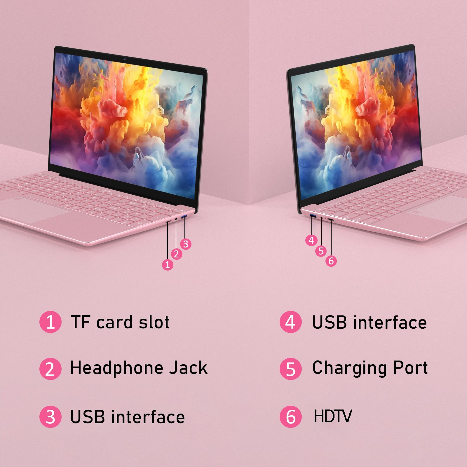 Zwei rosa Laptops nebeneinander mit bunter abstrakter Bildschirmanzeige.