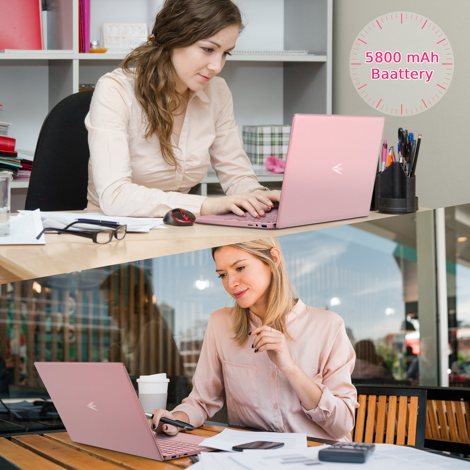 Zwei Frauen arbeiten an rosa Laptops in verschiedenen Umgebungen.