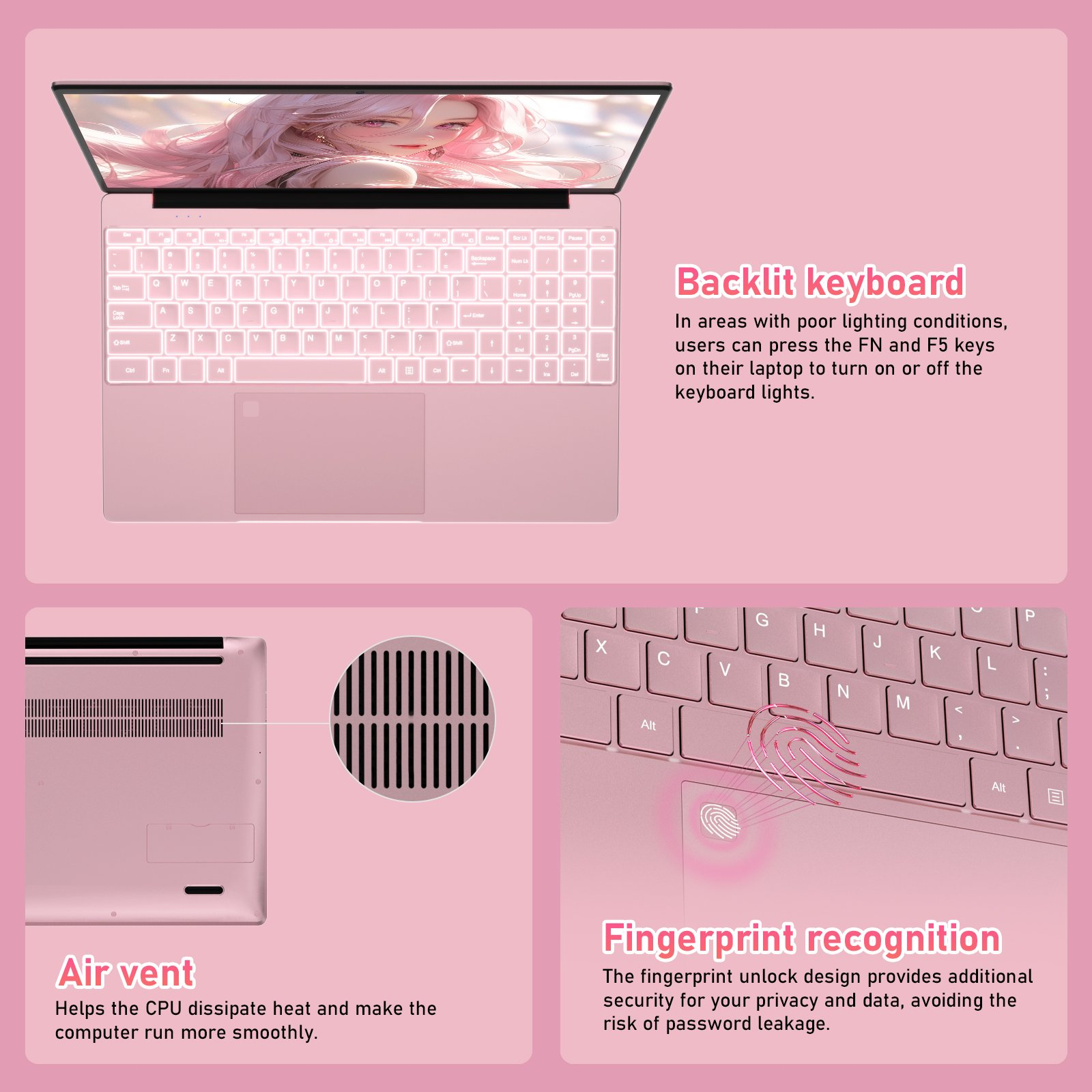 Ein rosafarbener Laptop mit beleuchteter Tastatur, Lüftungsschlitzen und Fingerabdrucksensor.