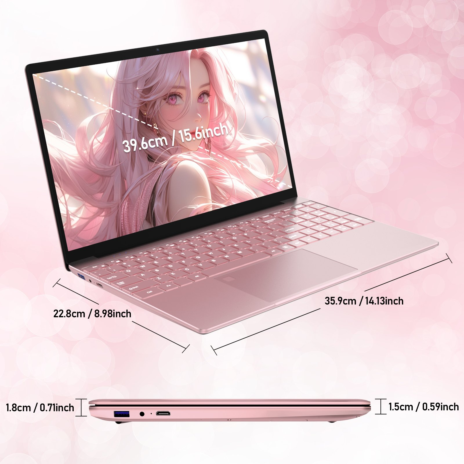 Ein rosafarbener Laptop mit Anime-Hintergrund, Maße sind angegeben.