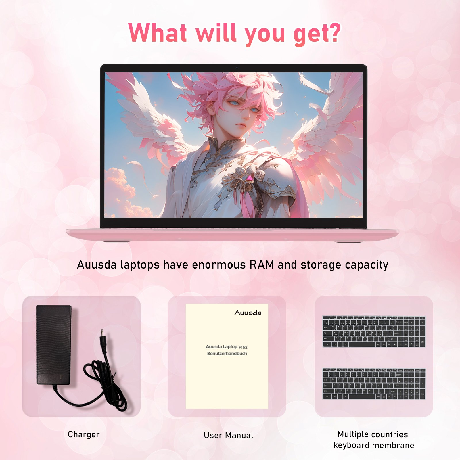 Ein Laptop mit Anime-Bild, Ladegerät, Handbuch und Tastaturen.