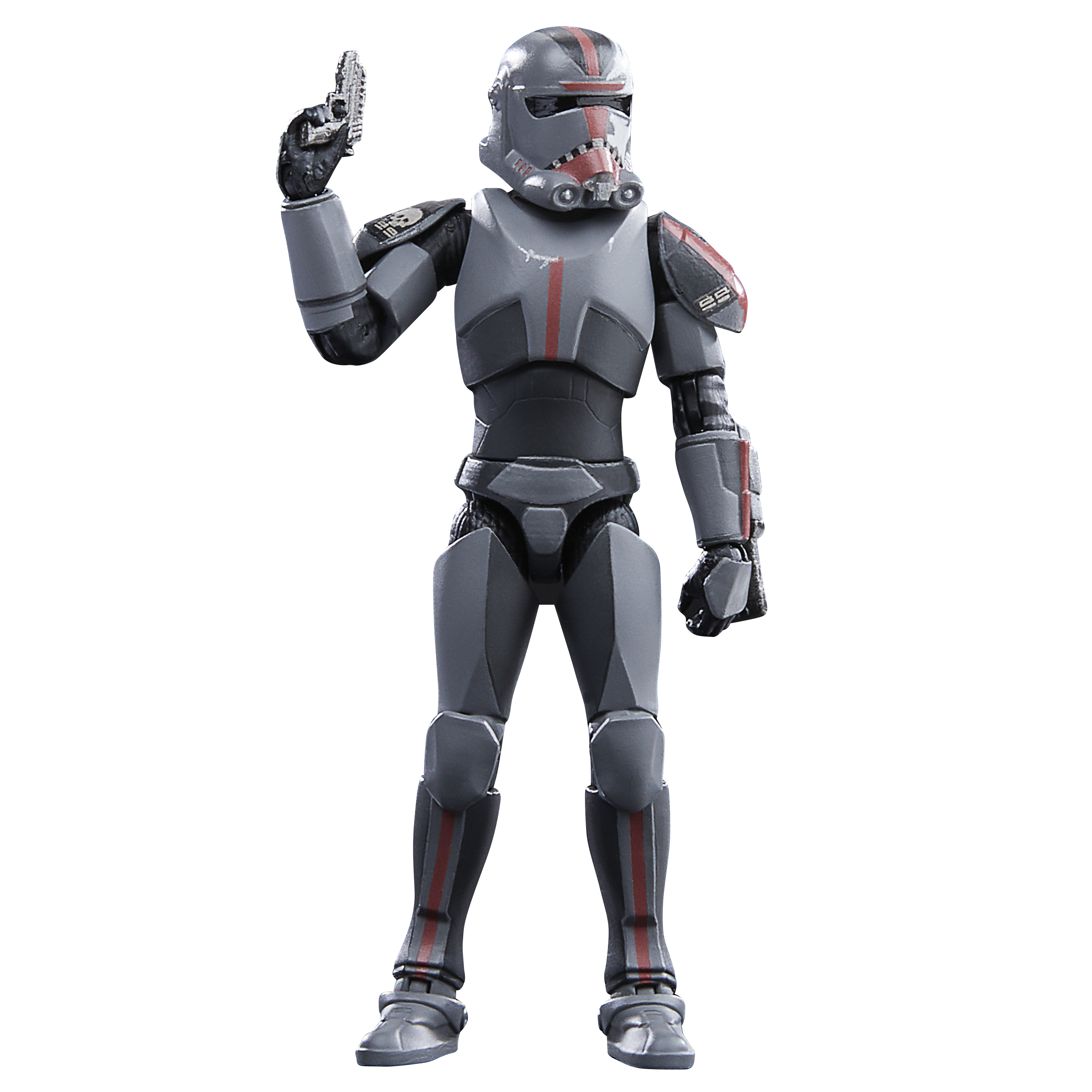 Un clone trooper grigio con accenti rossi tiene una pistola blaster argentata.