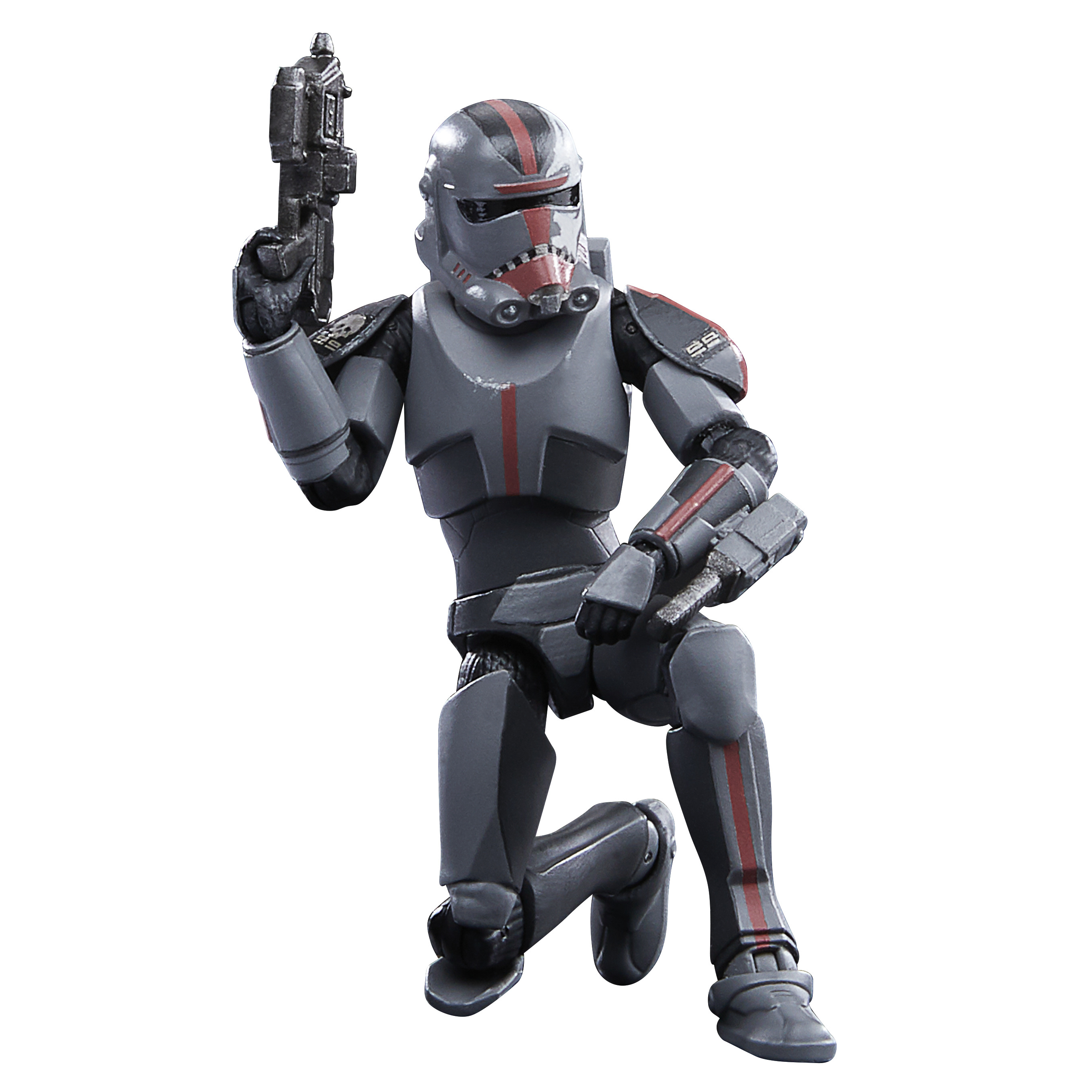 Una action figure grigia di Star Wars con strisce rosse si inginocchia, tenendo un blaster.