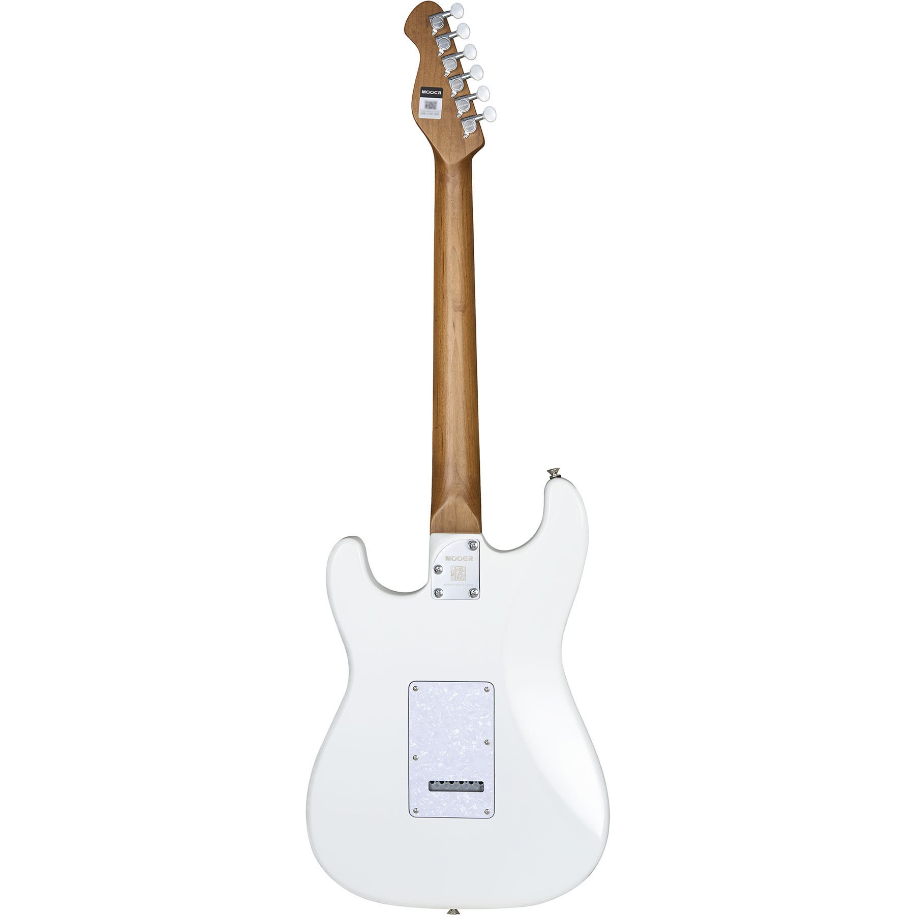 Ahşap damarlı saplı ve gümüş burgulu beyaz elektro gitarın arka görünümü.