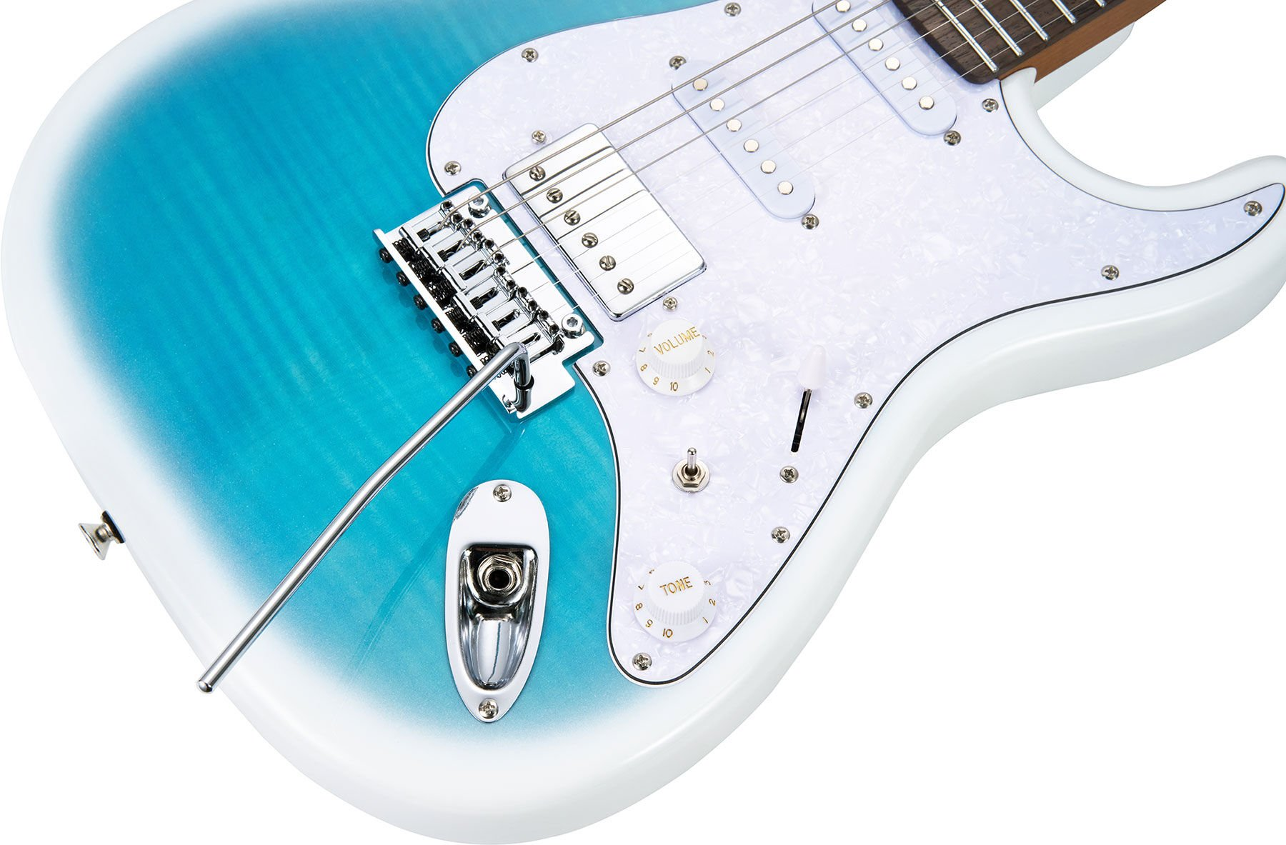 Gümüş köprülü ve düğmeli mavi ve beyaz elektro gitar gövdesi.