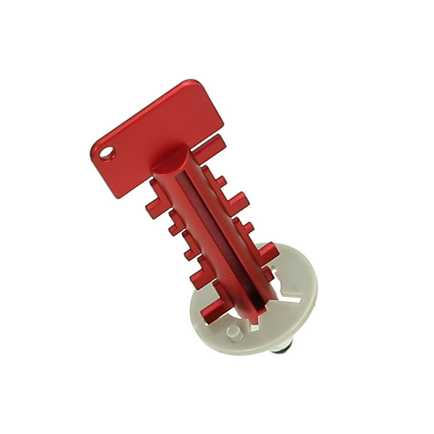 Una chiave rossa con un albero dentato e una base grigia.