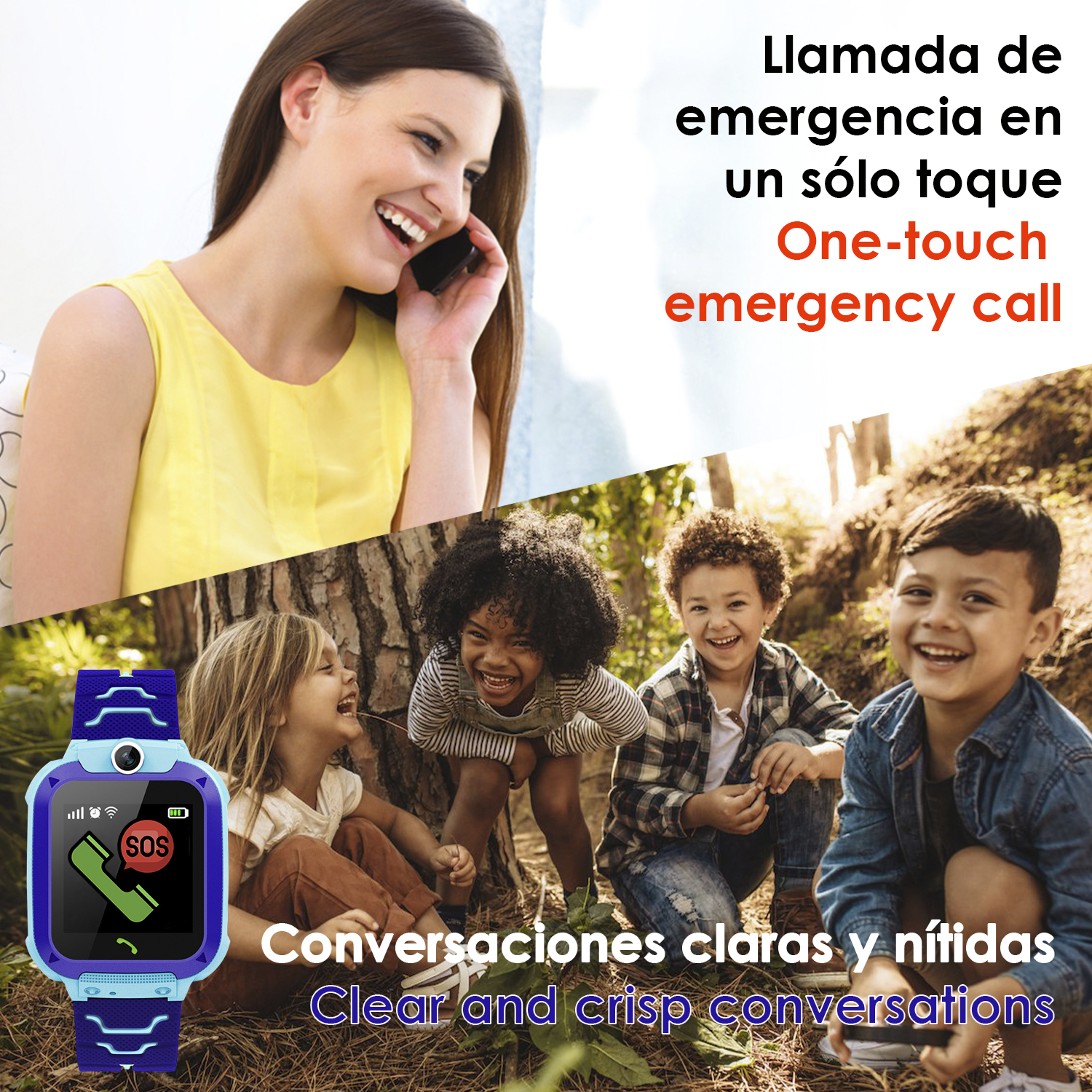 Una donna al telefono, bambini giocano fuori con uno smartwatch.