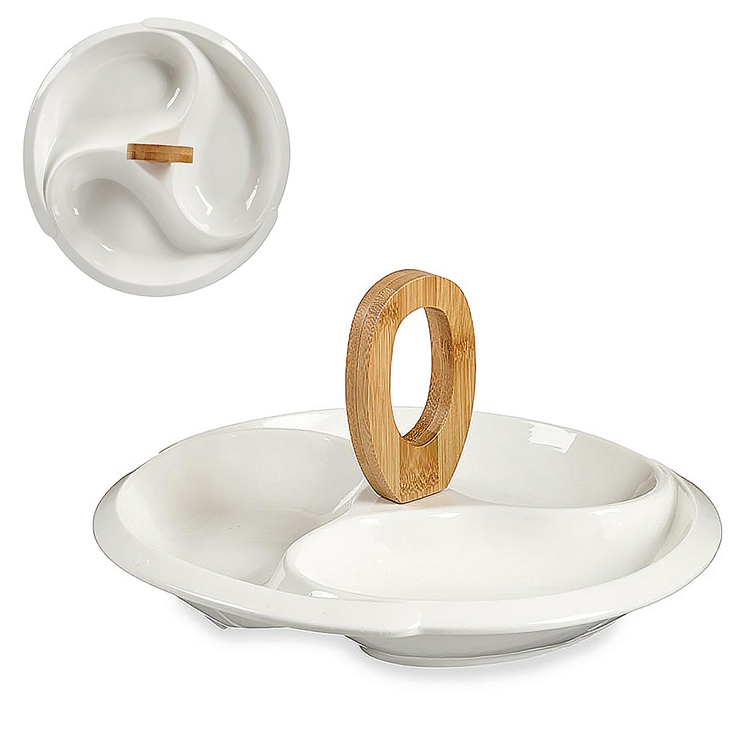 Piatto da portata bianco a tre scomparti con manico in legno.