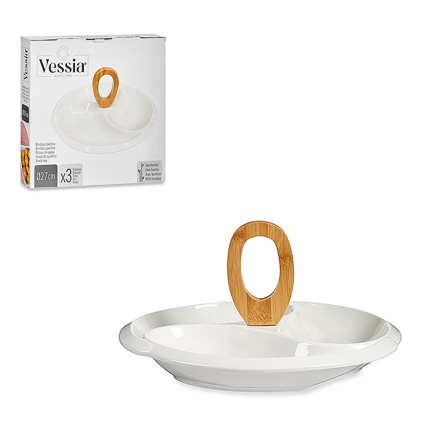Un vassoio bianco per snack con due scomparti e manico in legno.