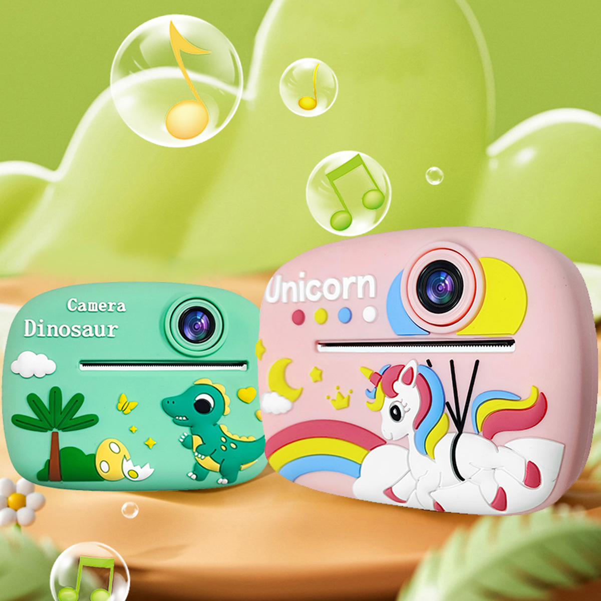 Dos cámaras infantiles, una verde con dinosaurio, una rosa con unicornio.