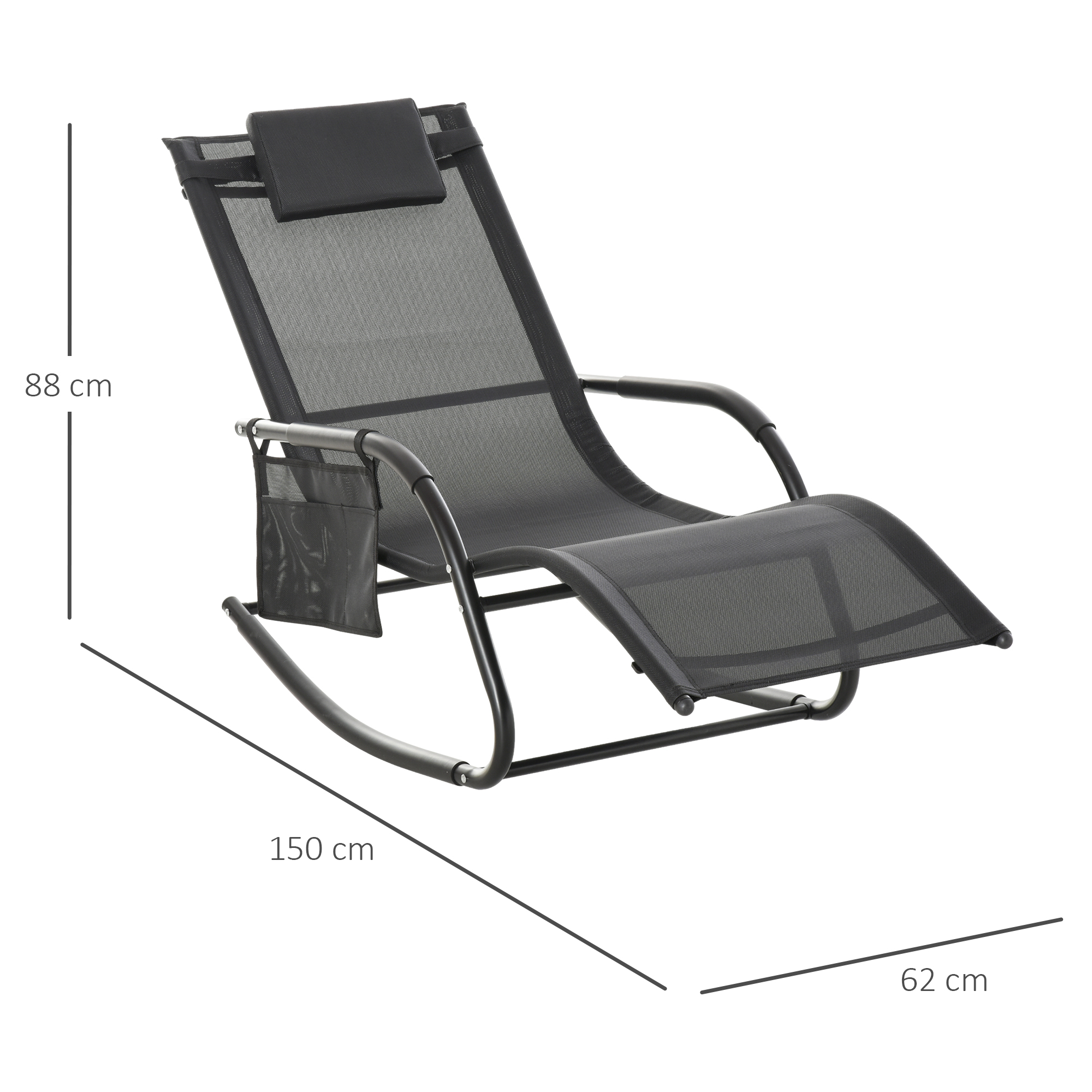 Un sillón reclinable negro con reposacabezas y bolsillo lateral. 88x150x62 cm.