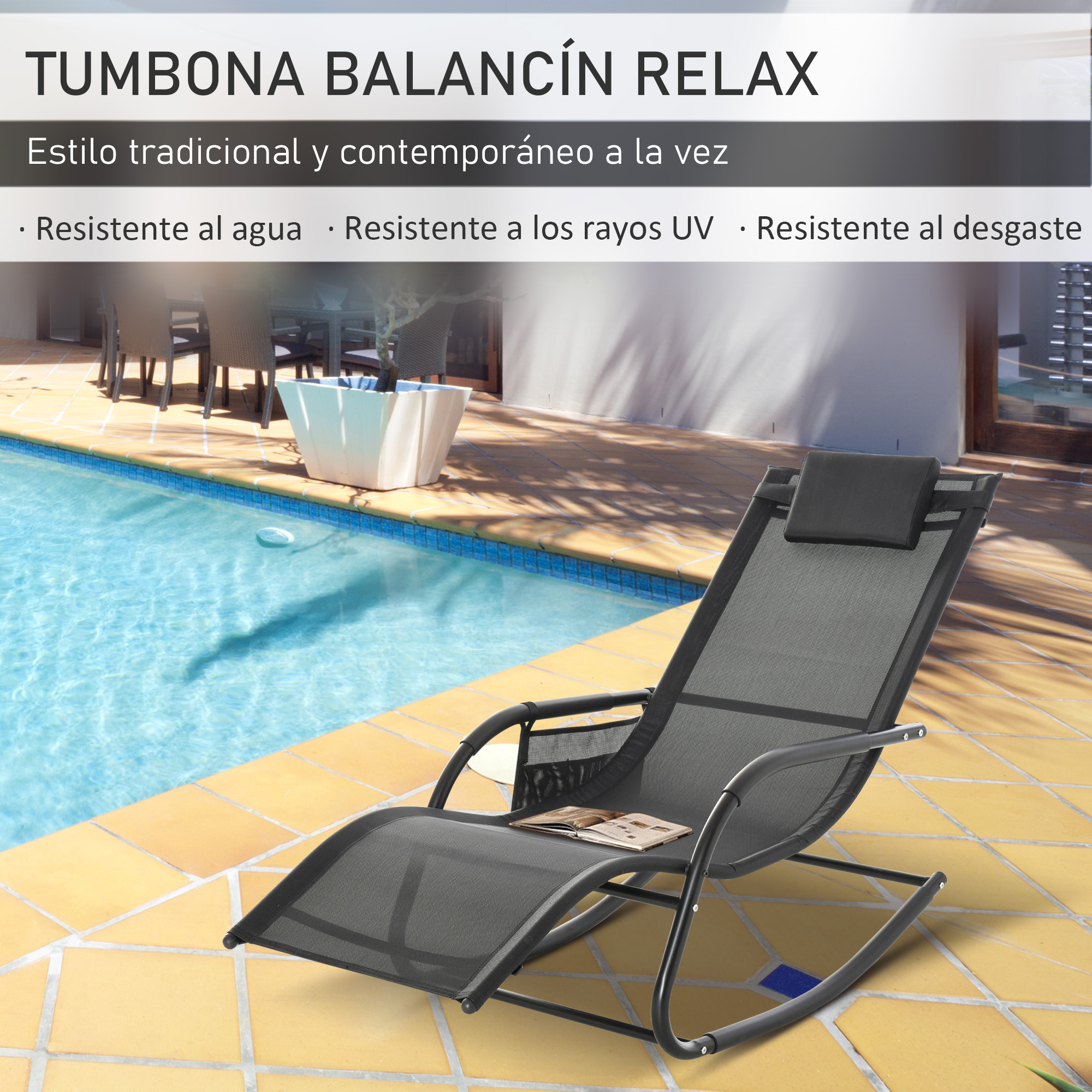 Tumbona gris balancín junto a una piscina con cojín y libro.