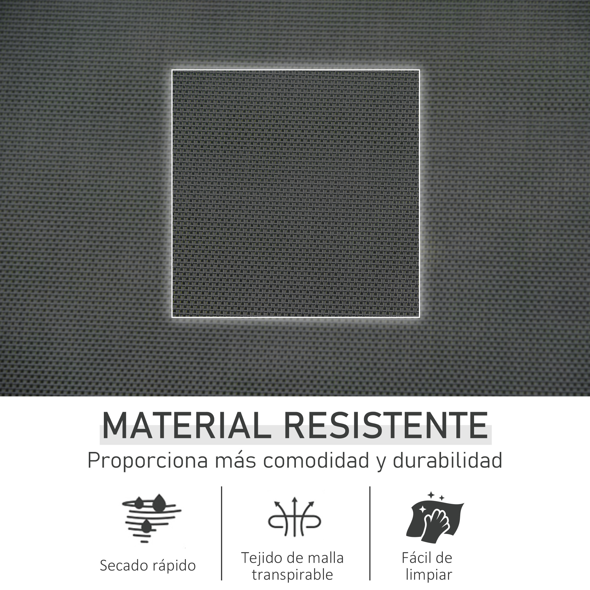 Tejido gris en primer plano; iconos de secado rápido, malla transpirable, fácil limpieza.