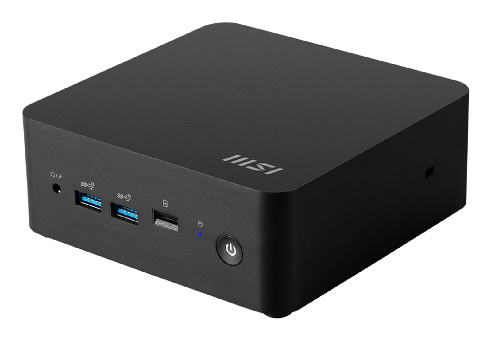 Un mini PC nero con logo MSI in alto e porte sul davanti.