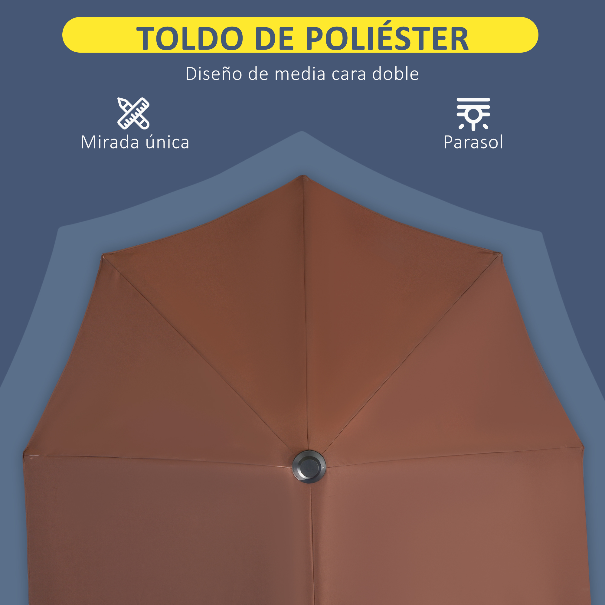 Tienda de poliéster marrón con diseño único e ícono de sol.