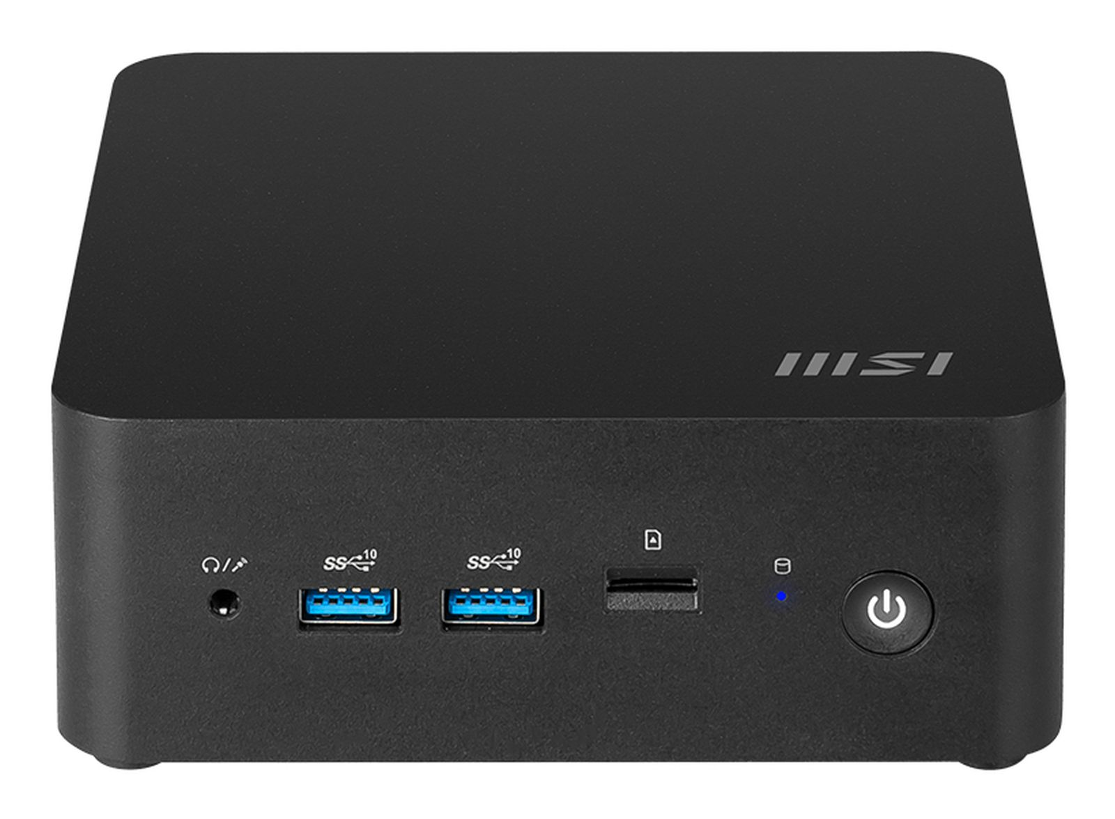 Mini PC nero con porte USB, slot per schede SD e pulsante di accensione.