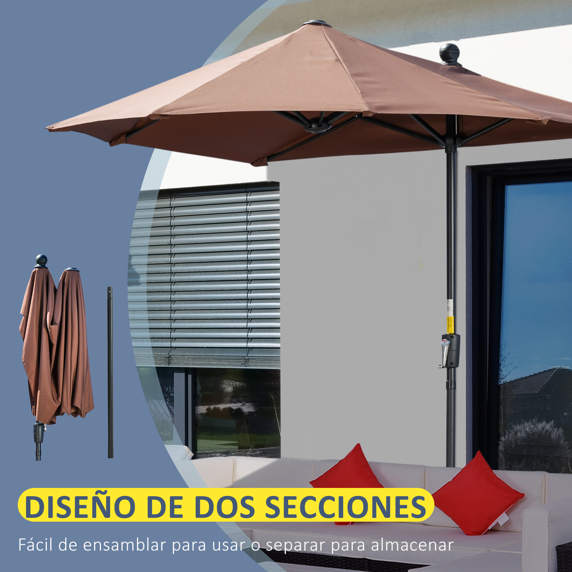 Un parasol marrón junto a un sofá blanco con cojines rojos.
