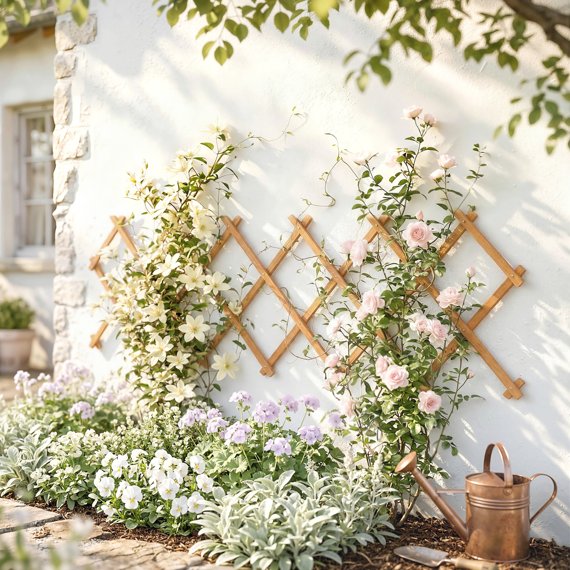 Una celosía de madera con rosas blancas y rosas contra una pared blanca.