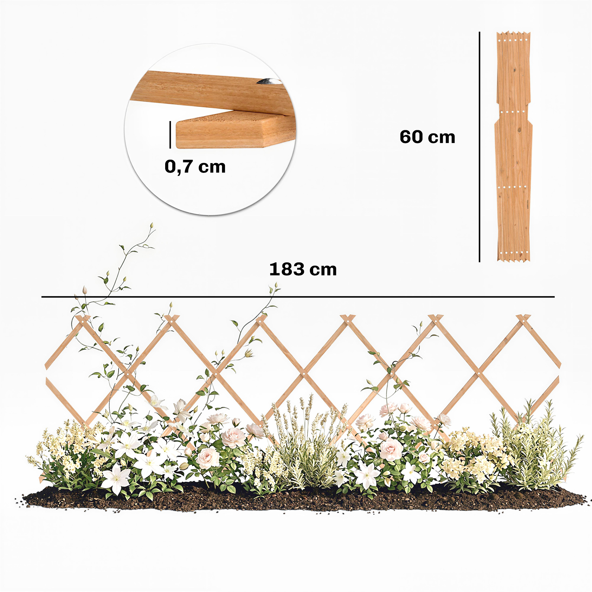 Un enrejado de madera con flores y plantas, 183 cm de ancho.