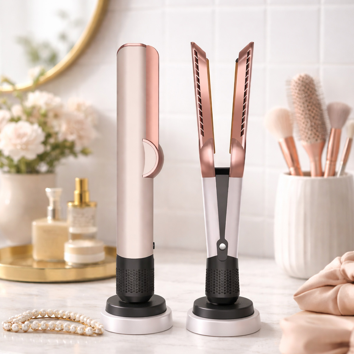 Dos planchas de pelo rosa y blanco sobre superficie de mármol, con cosméticos y flores detrás.