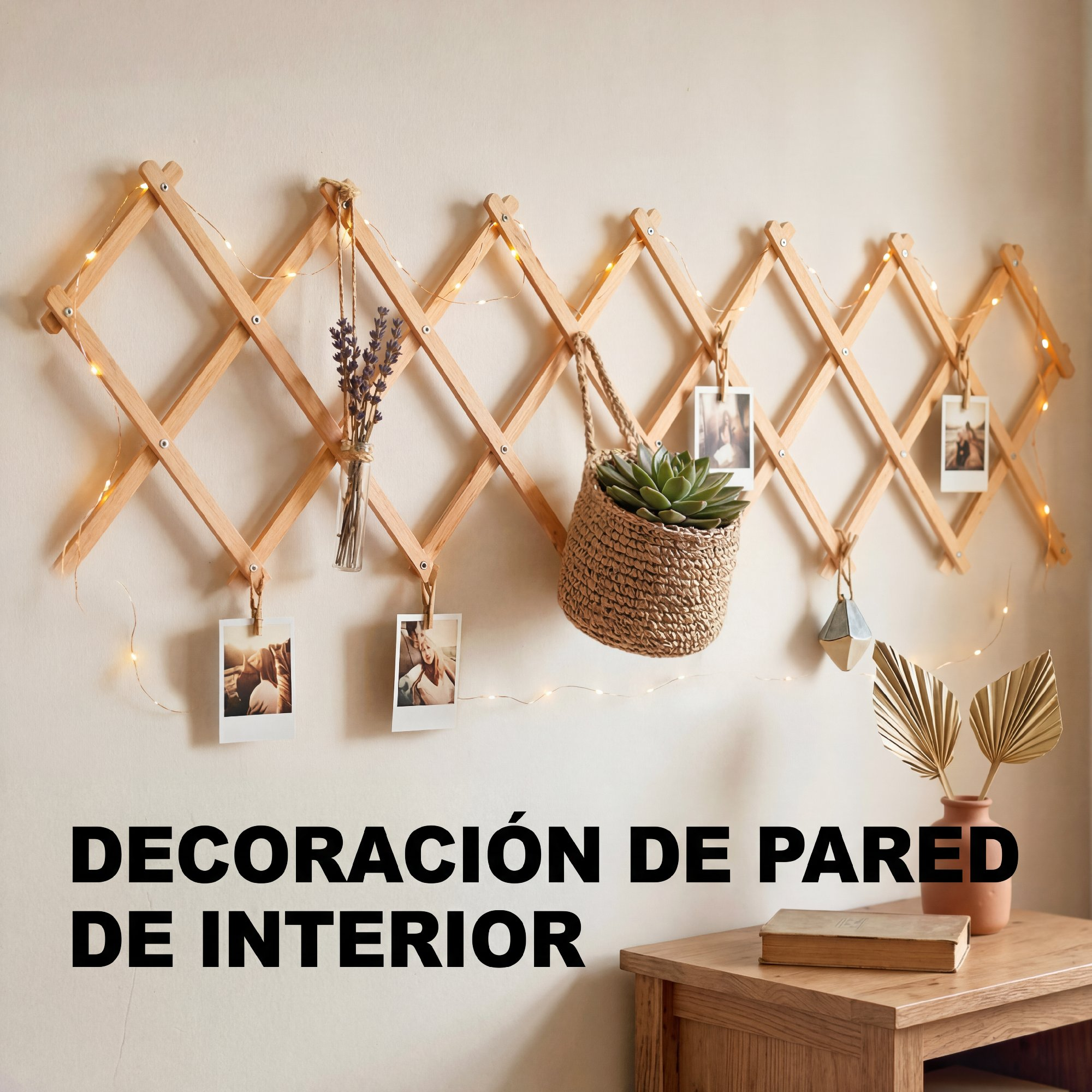 Colgador de pared de madera con luces, fotos, planta y libro.
