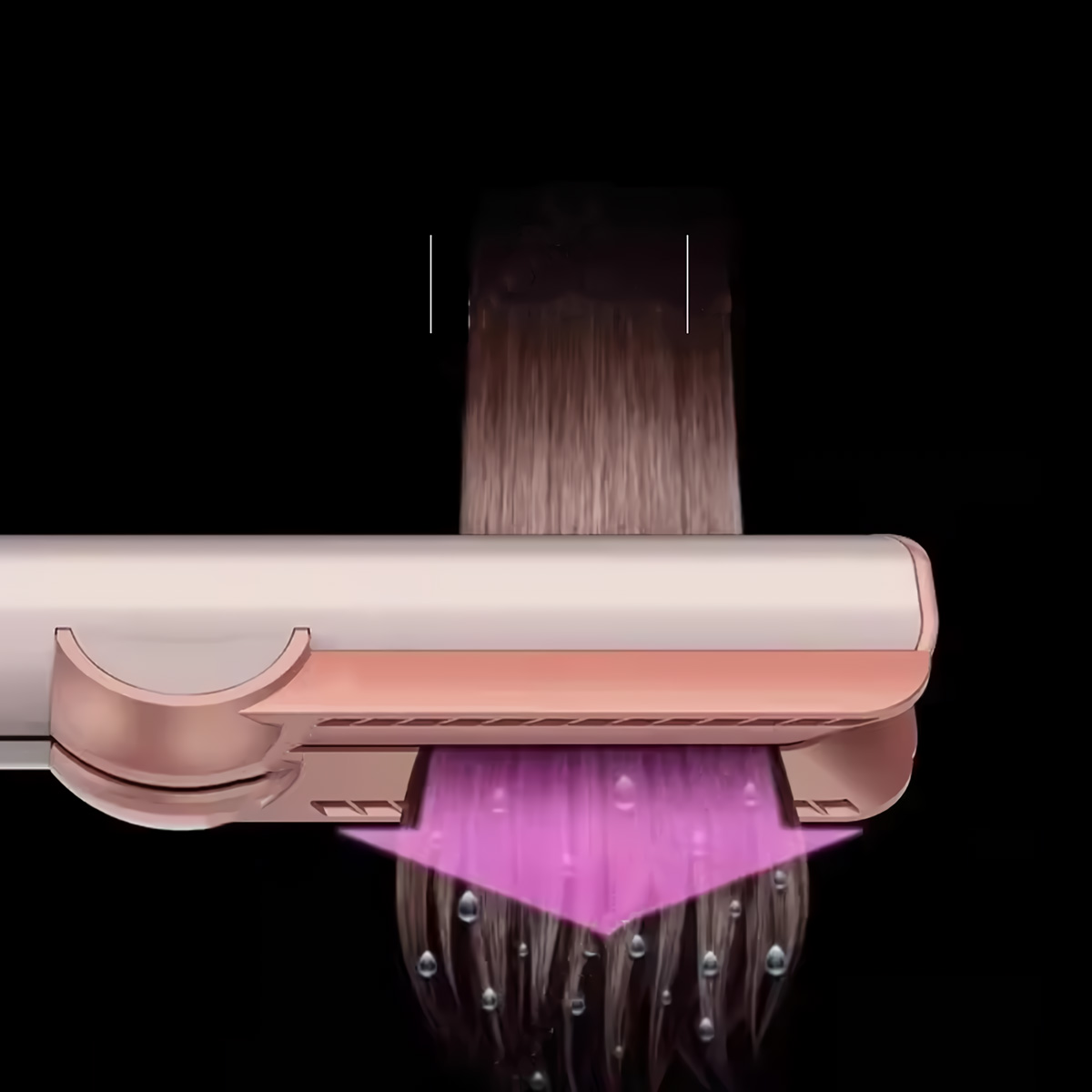 Una plancha de pelo rosa y blanca aplicando vapor al cabello.
