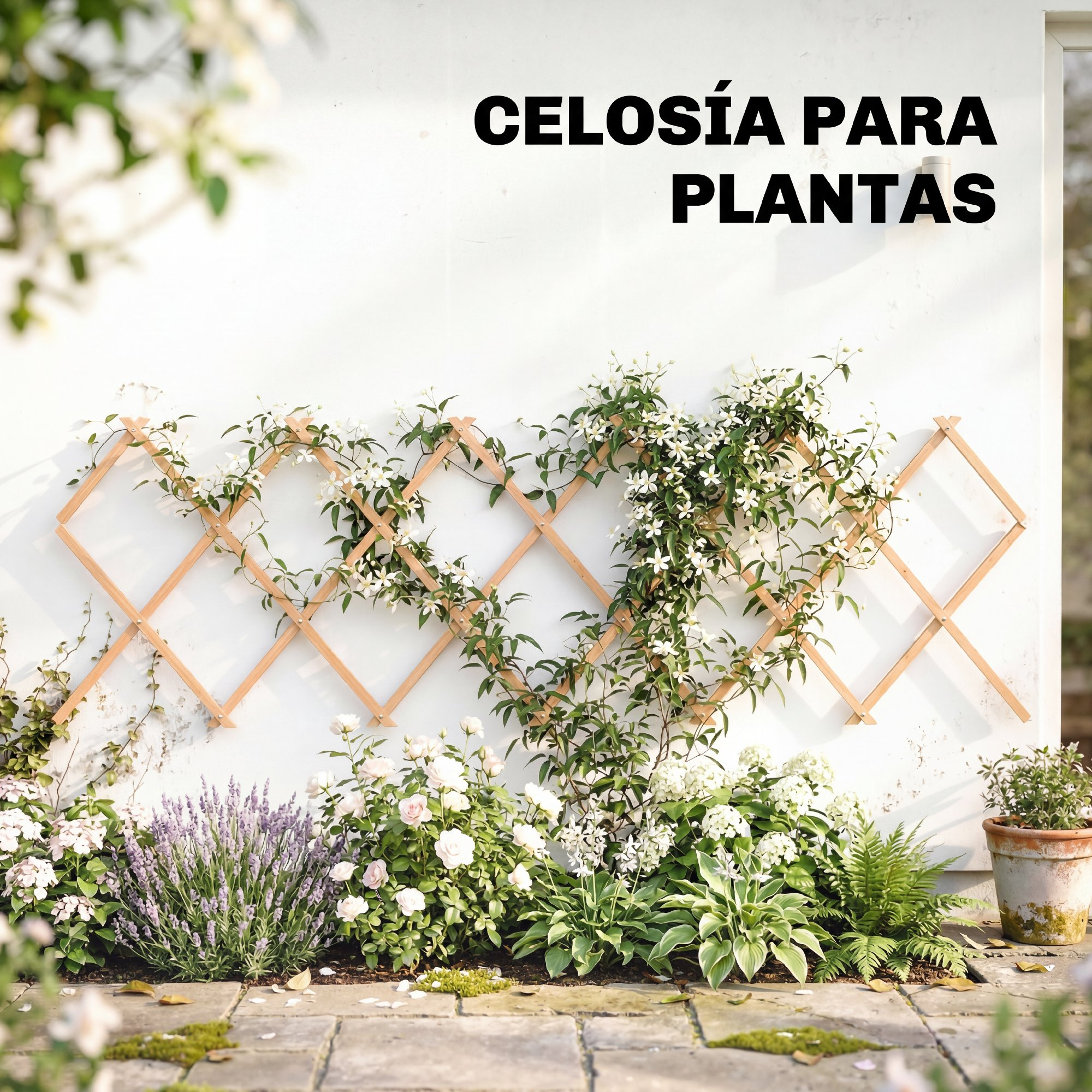 Flores blancas trepan por una celosía de madera contra una pared blanca, con lavanda y rosas.