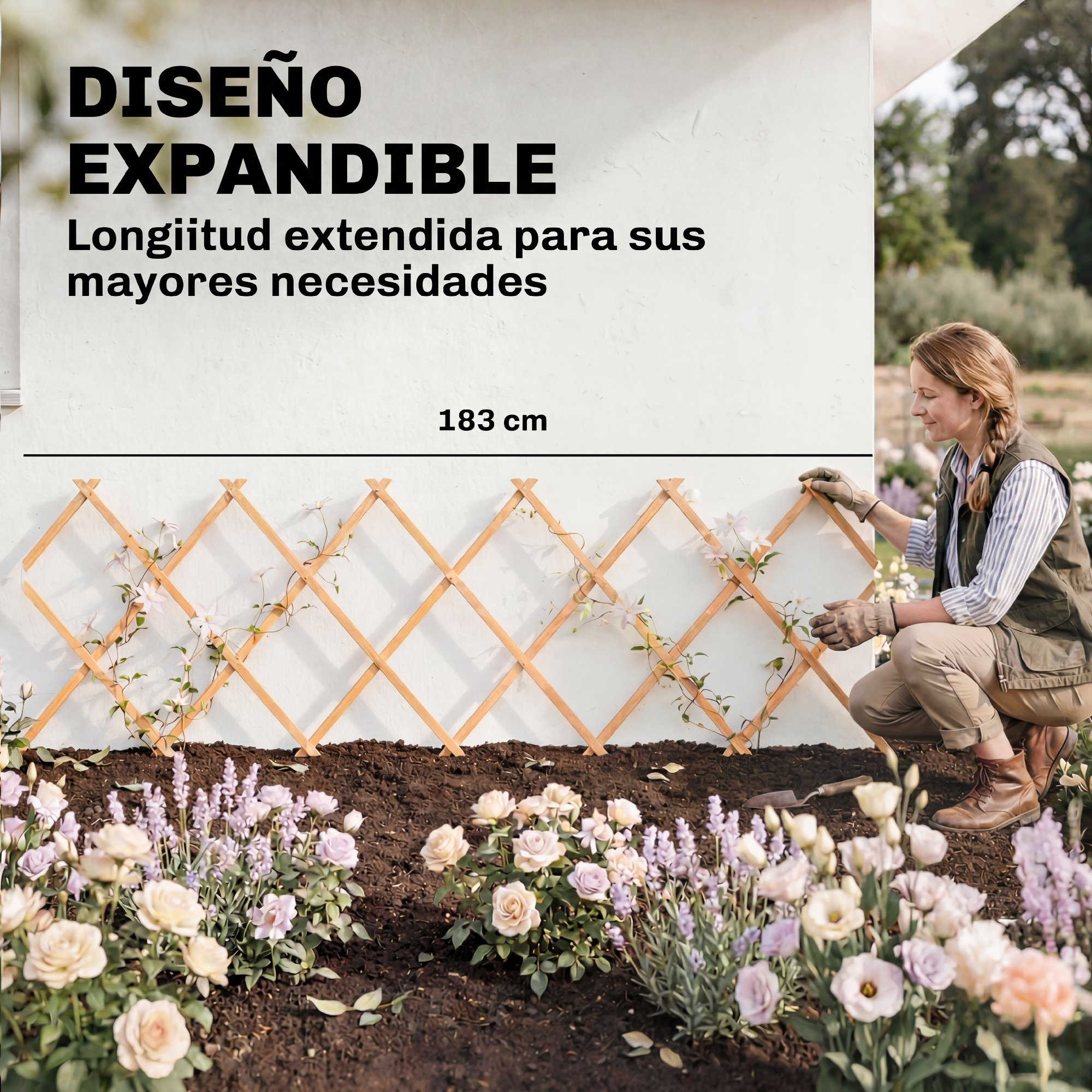 Una mujer se arrodilla en un jardín ante una celosía de madera con plantas. 183 cm.