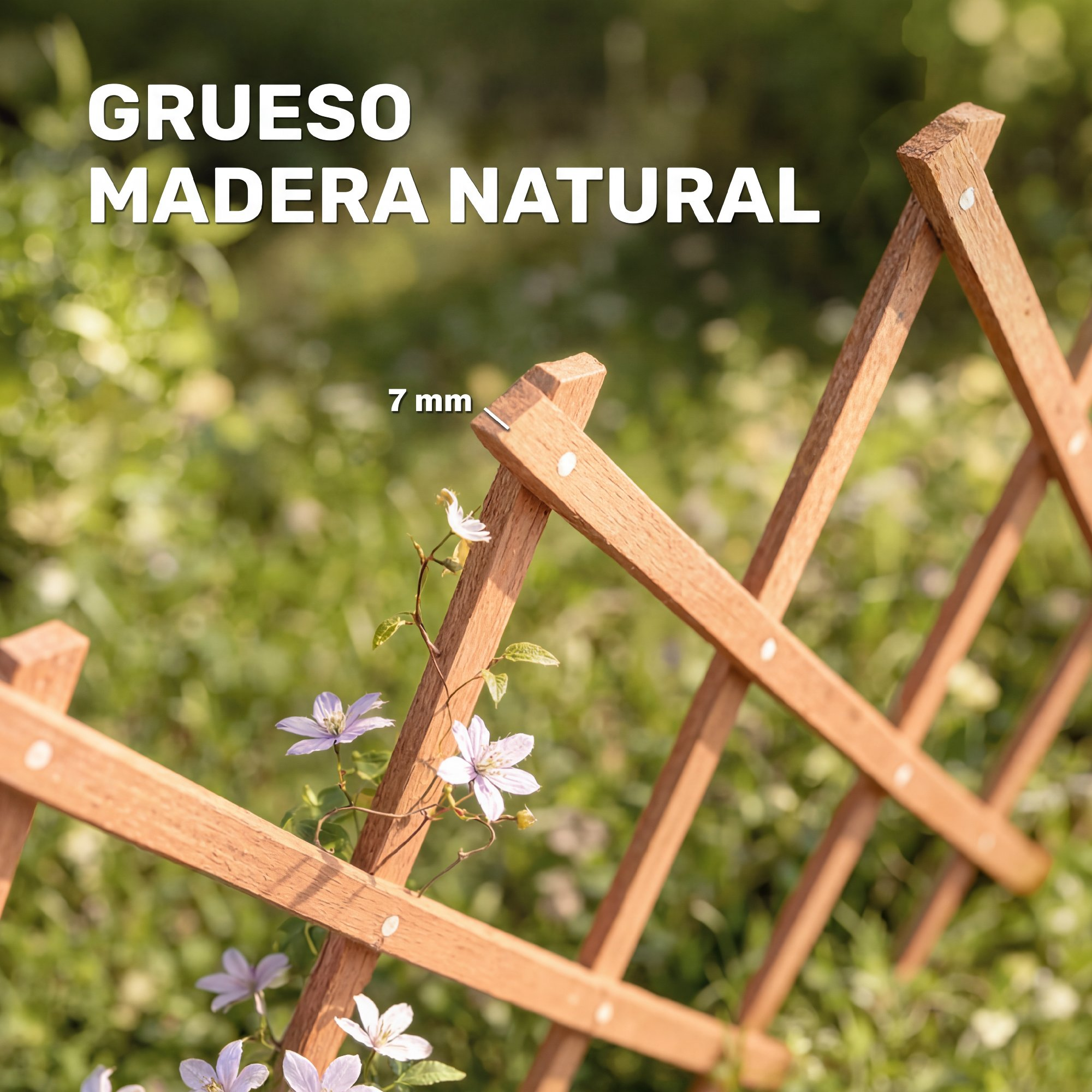 Un enrejado de madera con flores y texto 'GRUESO MADERA NATURAL 7 mm'.