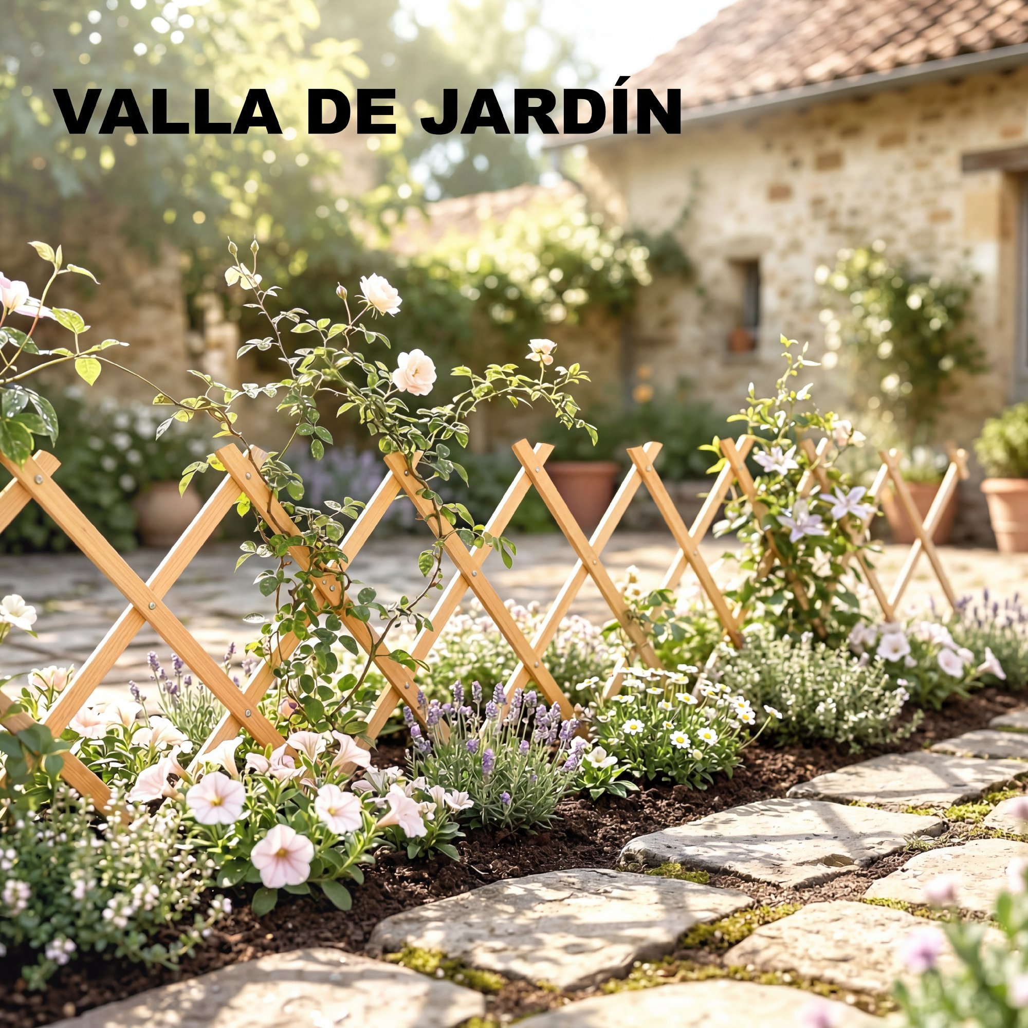 Una valla de jardín de madera con flores y lavanda al lado.