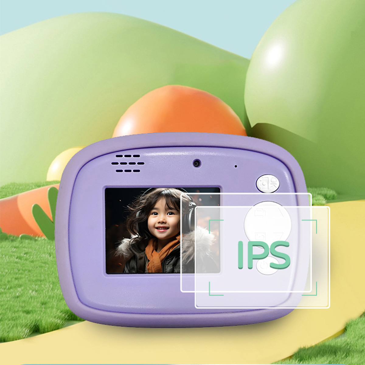 Una cámara digital morada muestra a una niña sonriendo ante un paisaje verde y naranja.