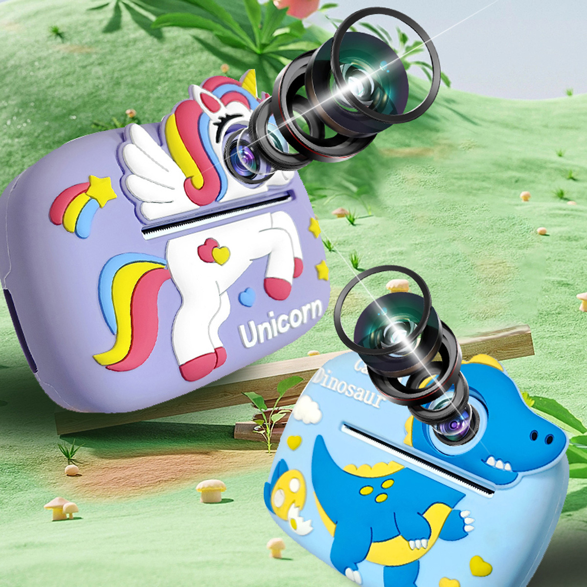Cámaras de unicornio y dinosaurio con lentes sobre fondo verde.