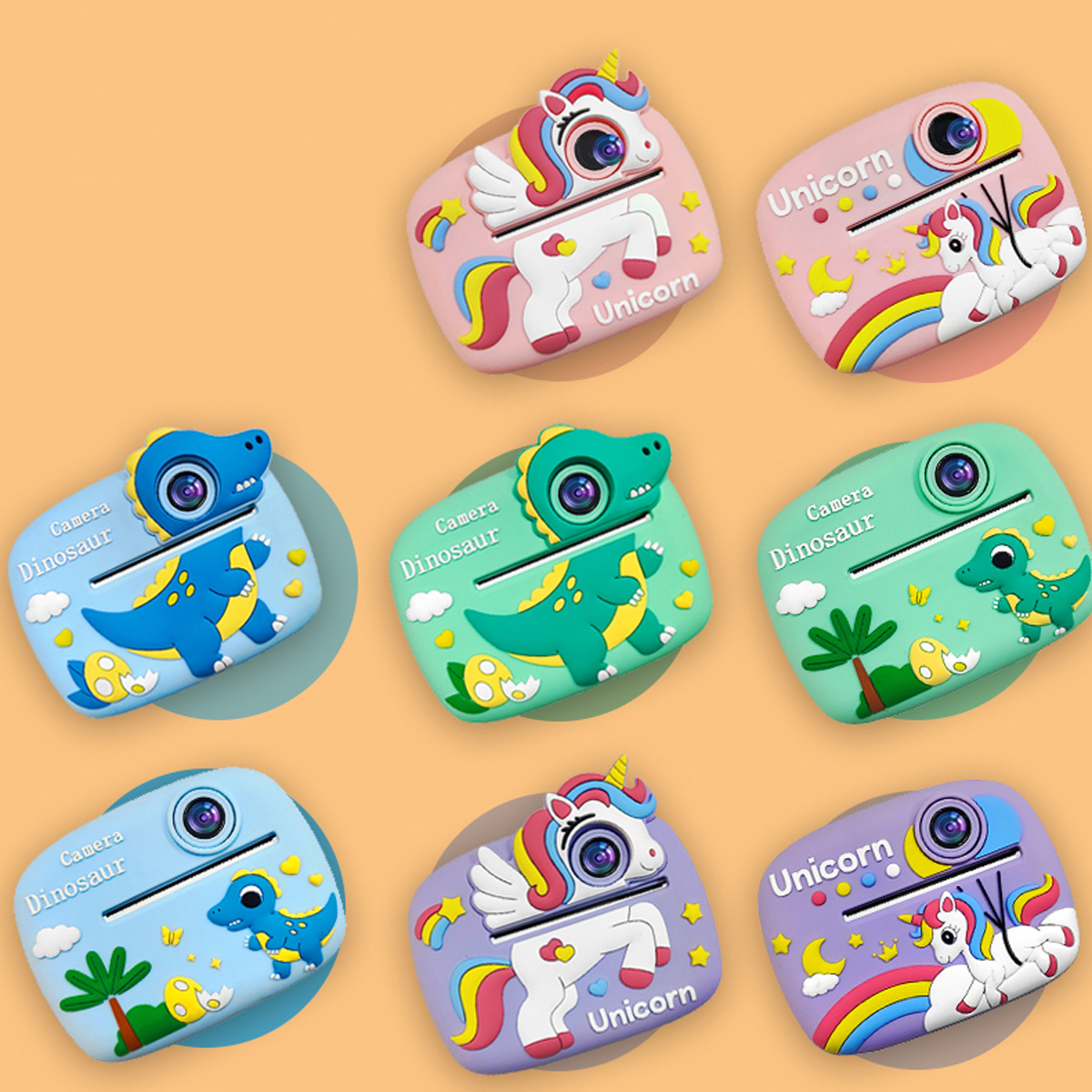 Siete cámaras infantiles: dinosaurios y unicornios sobre fondos rosas, azules, verdes y morados.