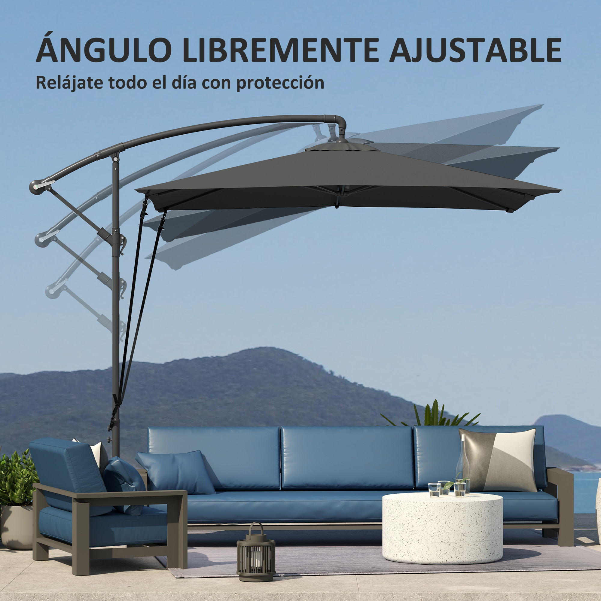 Un parasol voladizo gris sobre un sofá y sillón azul para exteriores.