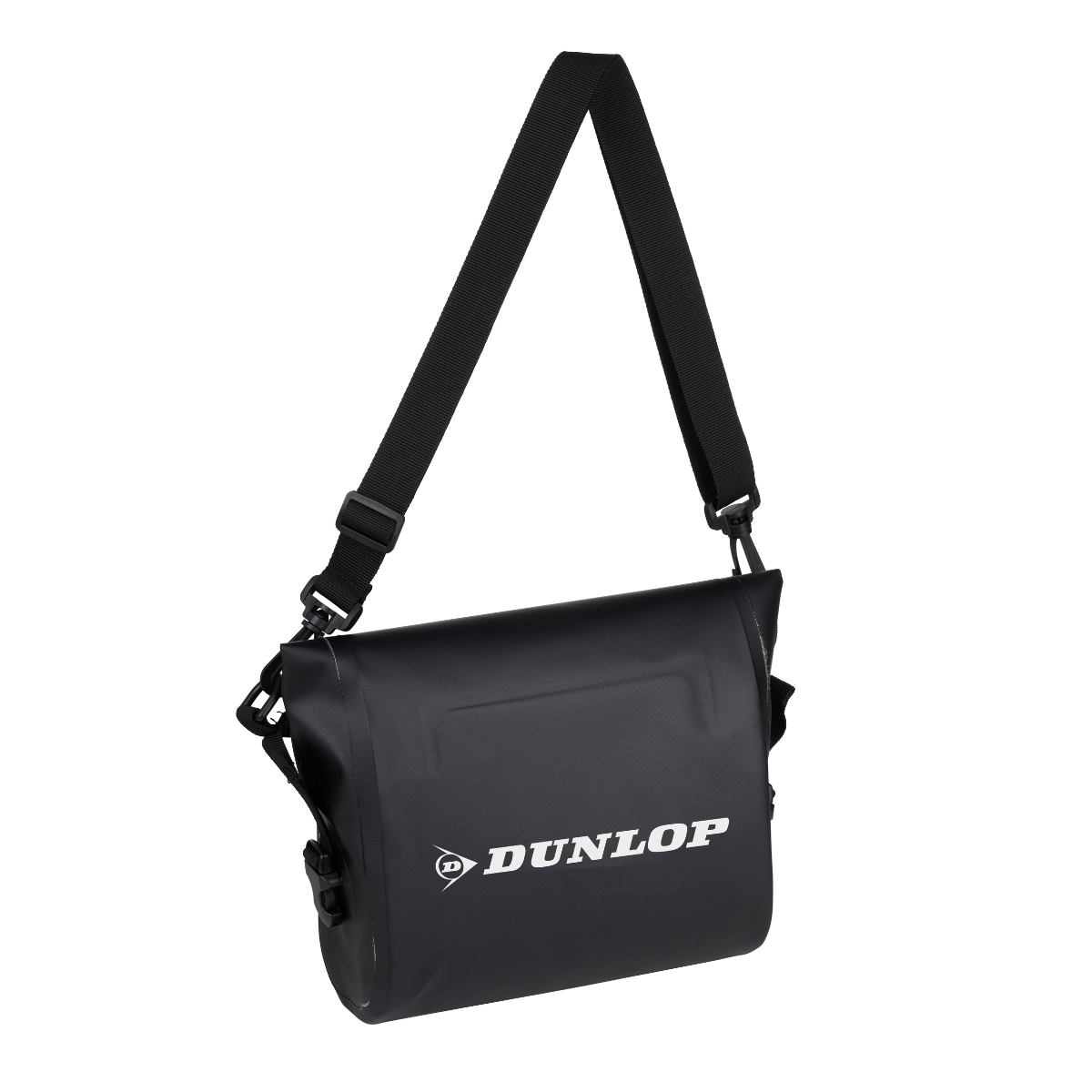 Sac noir Dunlop avec sangle, logo Dunlop sur le devant.