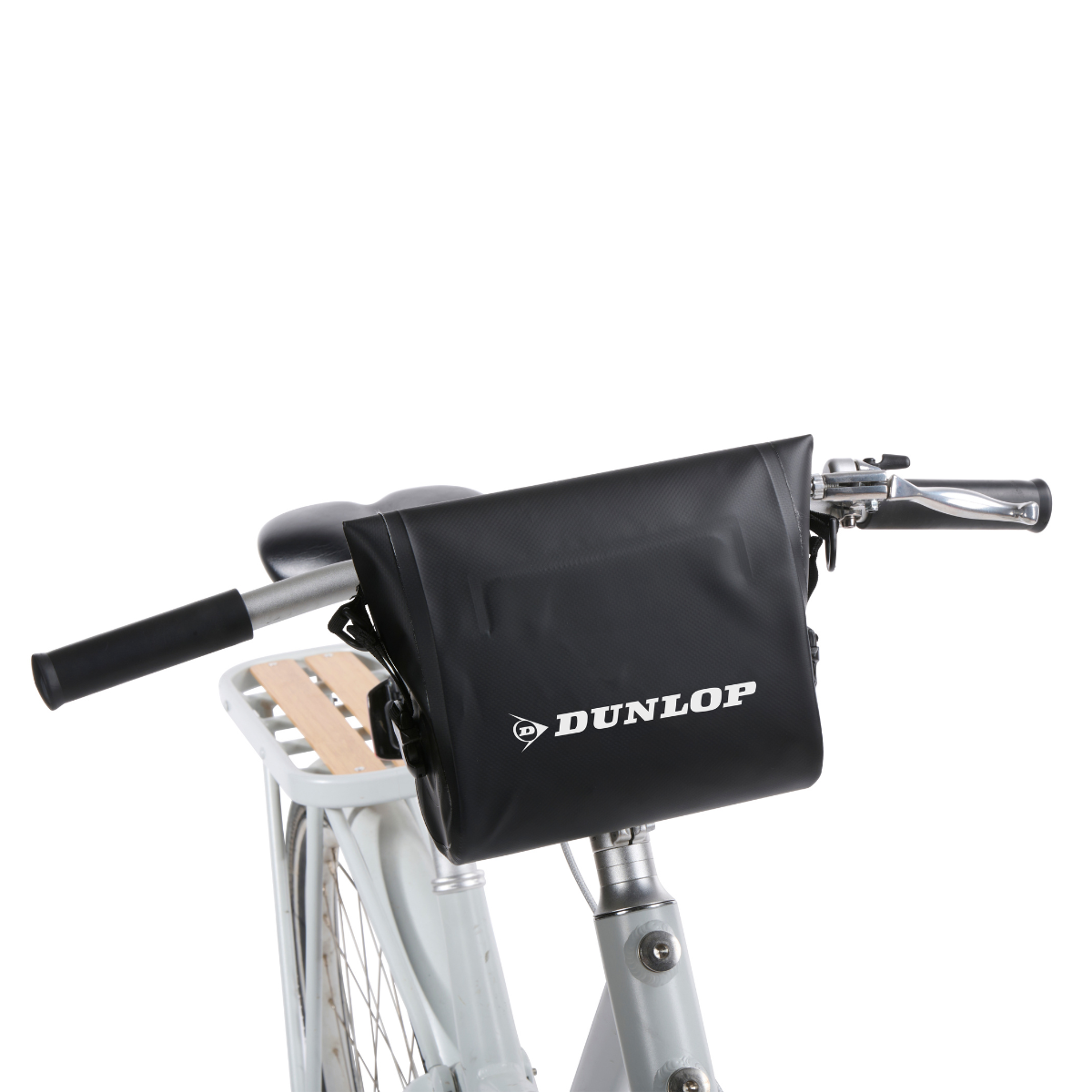 Sacoche noire pour guidon de vélo avec logo Dunlop, fond blanc.