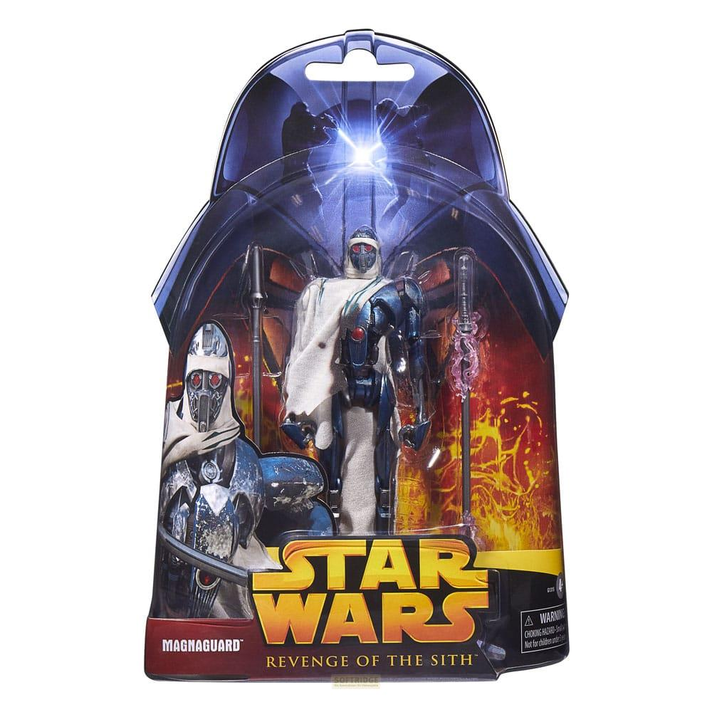 Juguete Star Wars Magnaguard en empaque. Figura tiene armadura azul, capa blanca, ojos rojos.