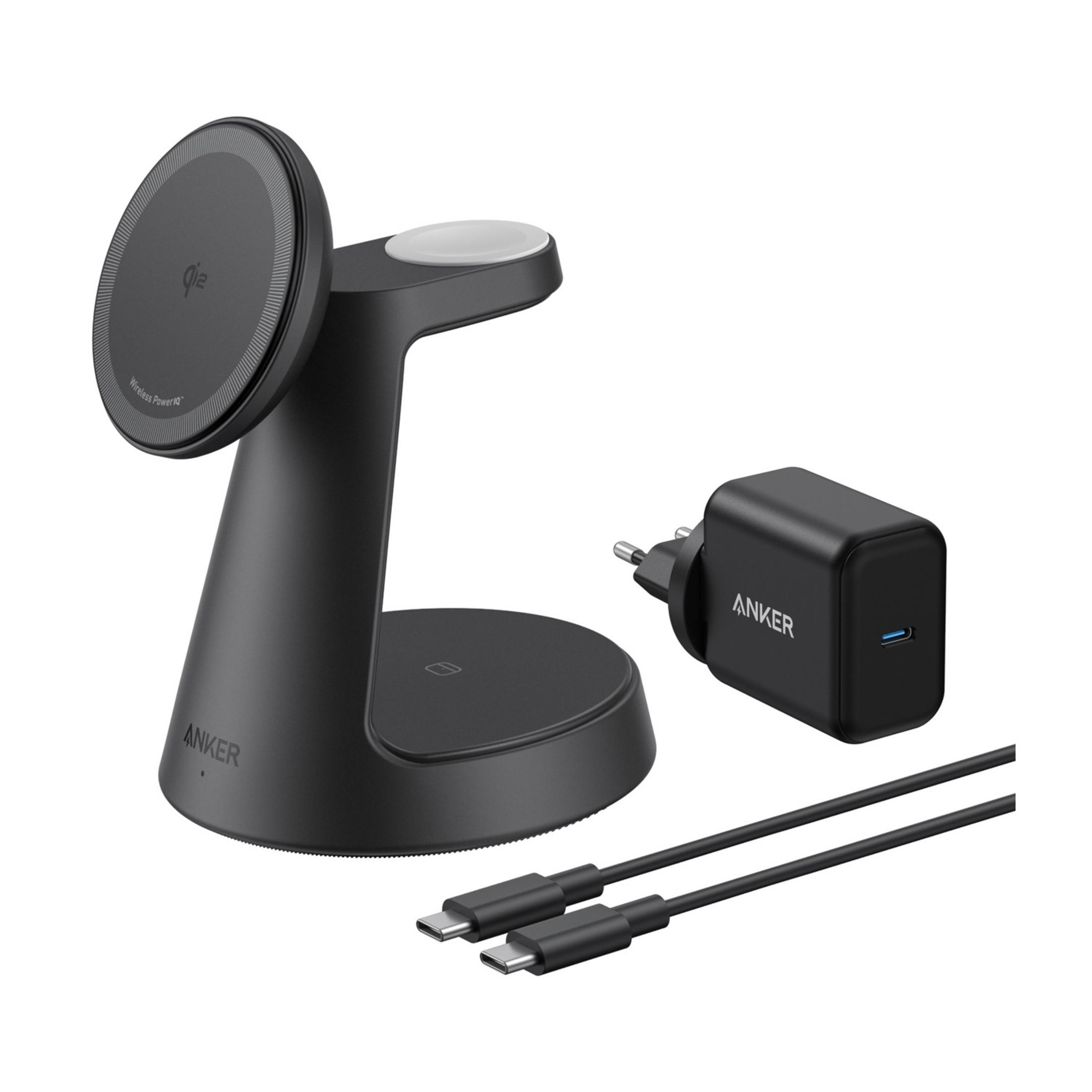 Schwarzes Anker kabelloses Ladegerät mit USB-C-Kabeln und Netzteil.