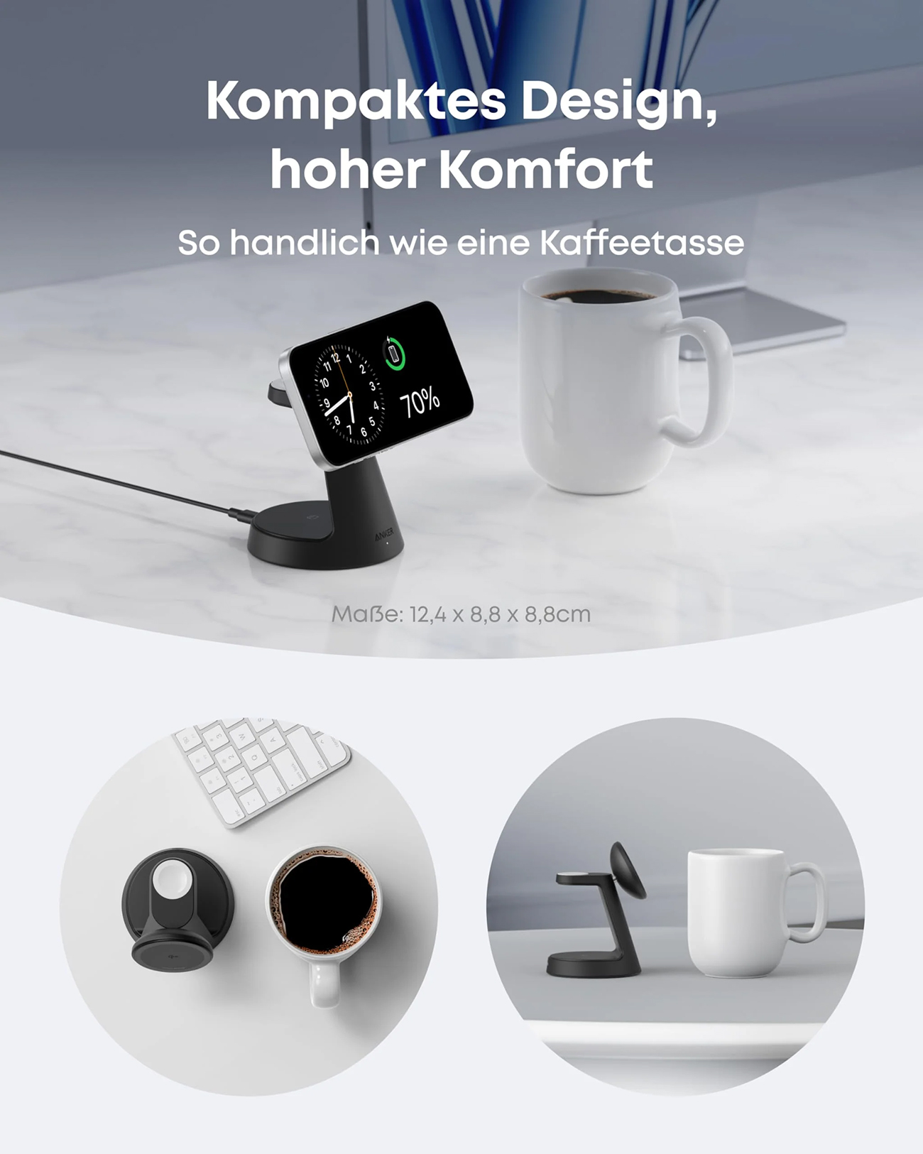 Ein Ladeständer mit einem Display und einer Tasse Kaffee, daneben eine Tastatur.